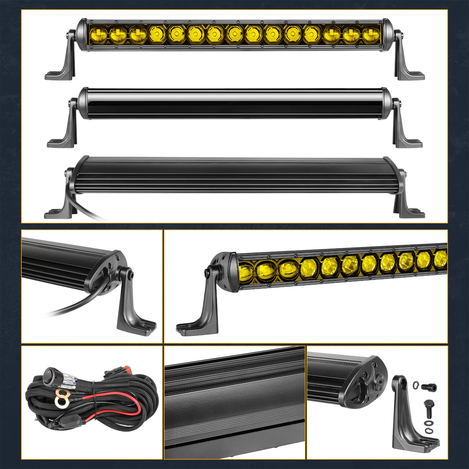 20 Inch Amber LED Light Bar with Wiring Harness - 75W Single Row Spot/Flood Combo Beam - Waterproof Off-Road Lighting Kit for SXS, Truck, ATV, UTV (Perfect for Night Driving, Work Sites & Off-Road Adventures)