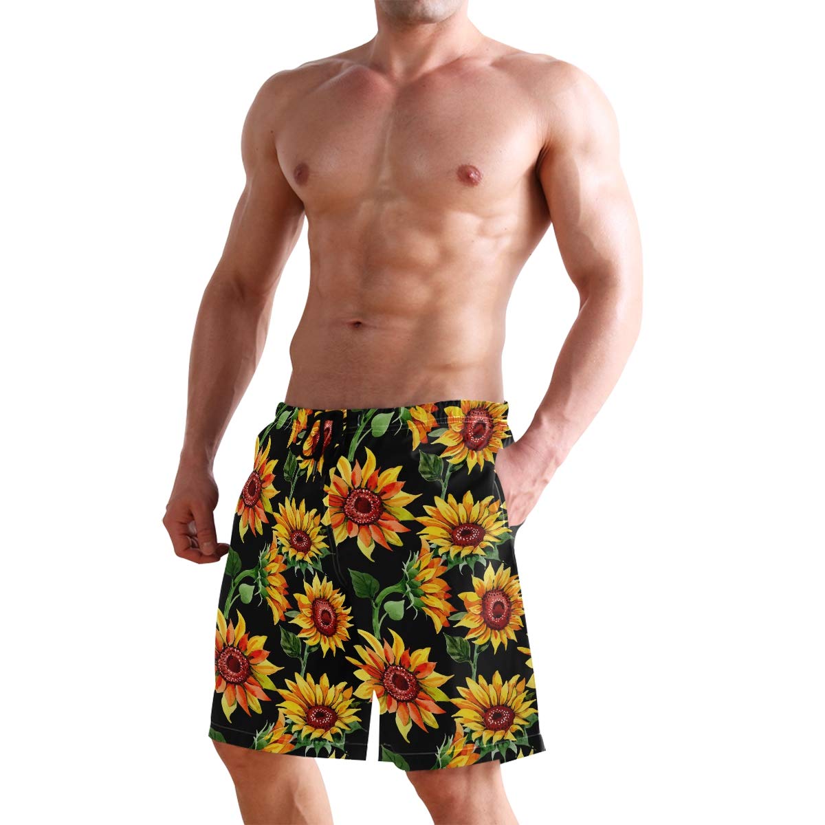 WIHVE Men's Beach Swim Trunks - Watercolor Sunflower Print Quick-Dry Board Shorts with Pockets | Swimming, Surfing, Vacation & Summer Outdoor Activities
