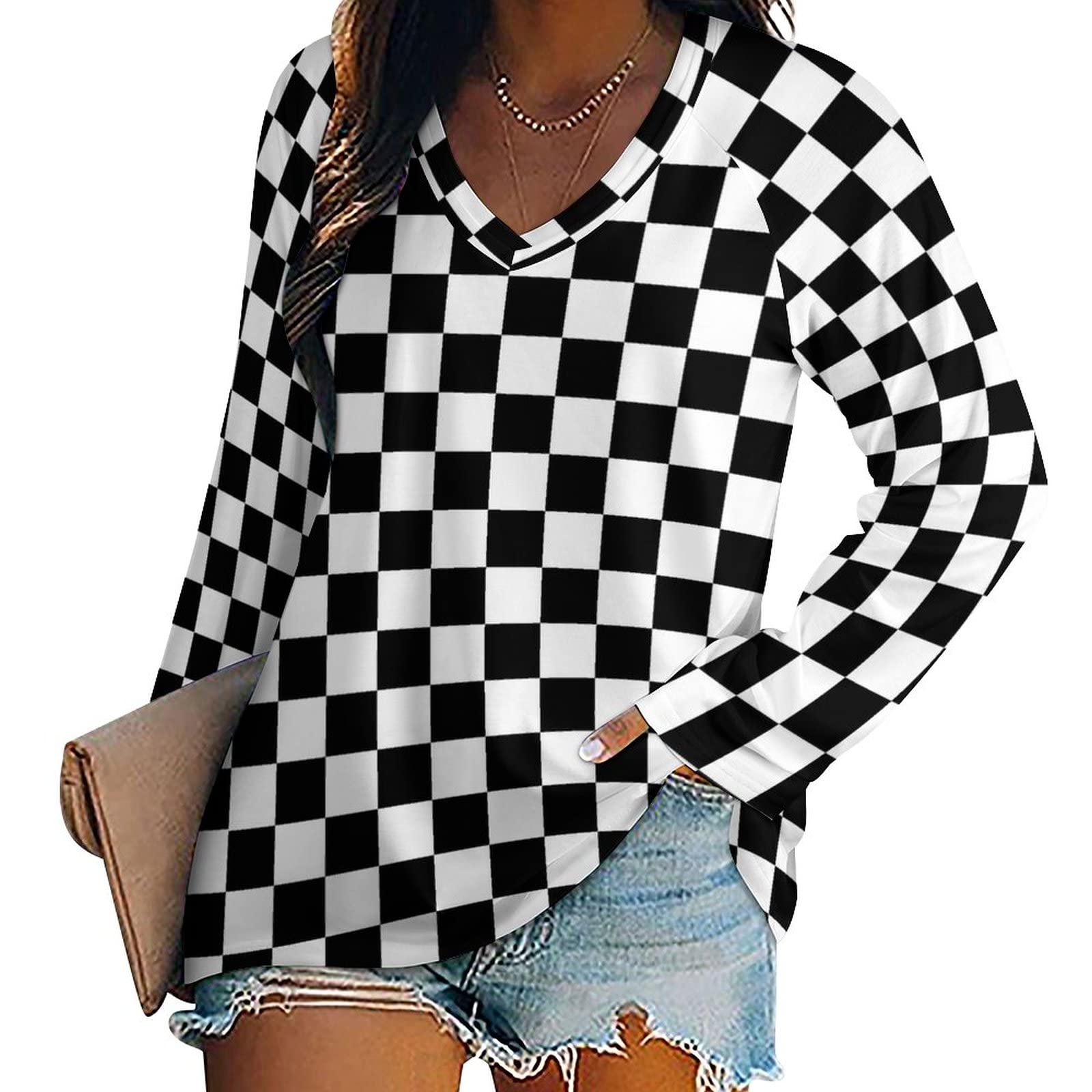 SEPTYK Black & White Checkered Flag Pattern Women's Long Sleeve V-Neck T-Shirt - Casual Loose Graphic Pullover Tee for Racing Fans, Streetwear & Everyday Fashion