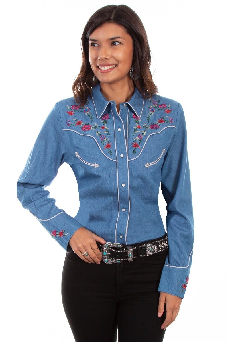 Scully Lightweight Floral Embroidered Snap Front Western Shirt for Women - Country Style Denim Top PL879 | Perfect for Rodeo, Music Festivals & Casual Wear