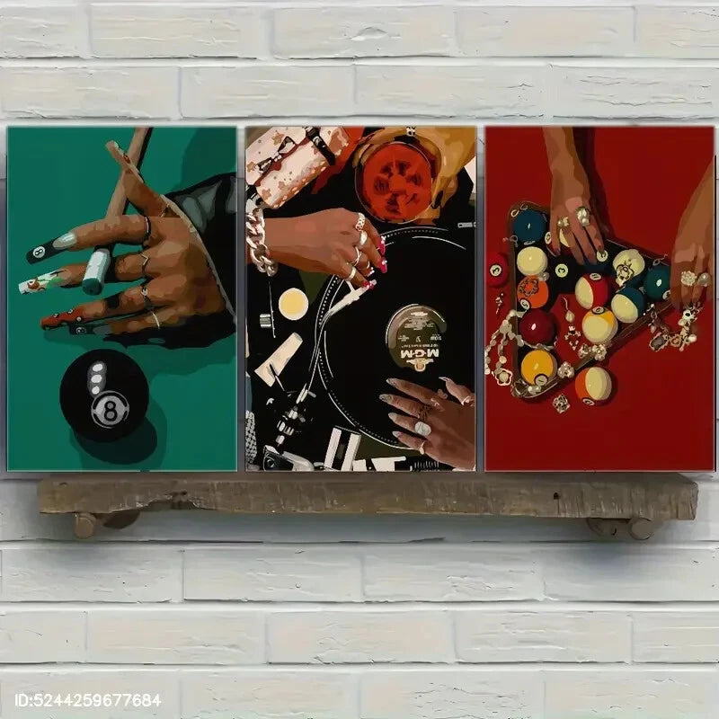 3-Piece 8 Ball Snooker Art Set - Black Girl Fashion Metal Wall Prints - Ready to Hang Decor for Game Room, Bar, or Man Cave