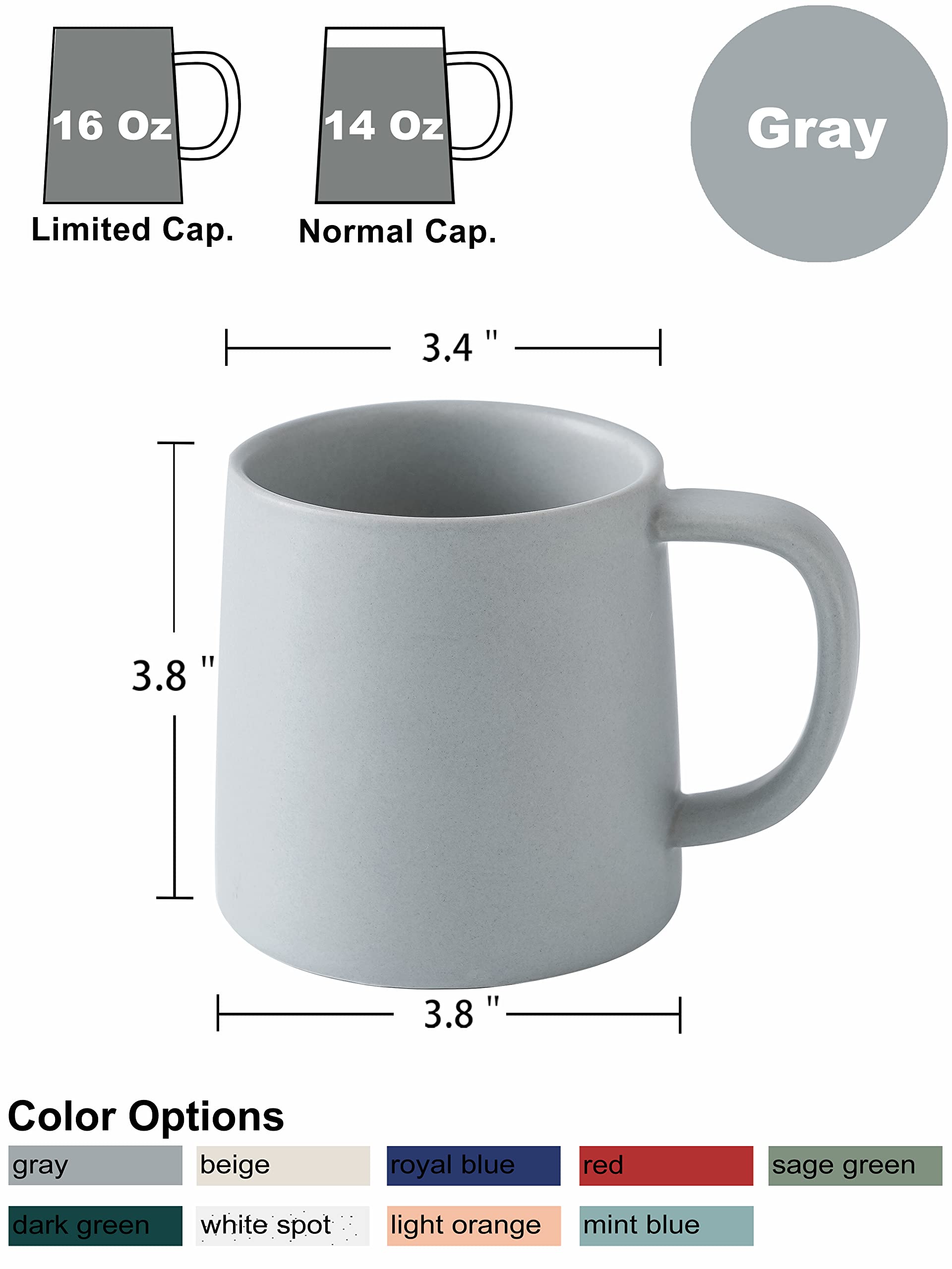 16 Oz Matte Light Grey Ceramic Coffee Mug - Single Solid Color Coffee Cup for Home, Office & Gifts - Perfect for Hot Beverages, Tea & Daily Use