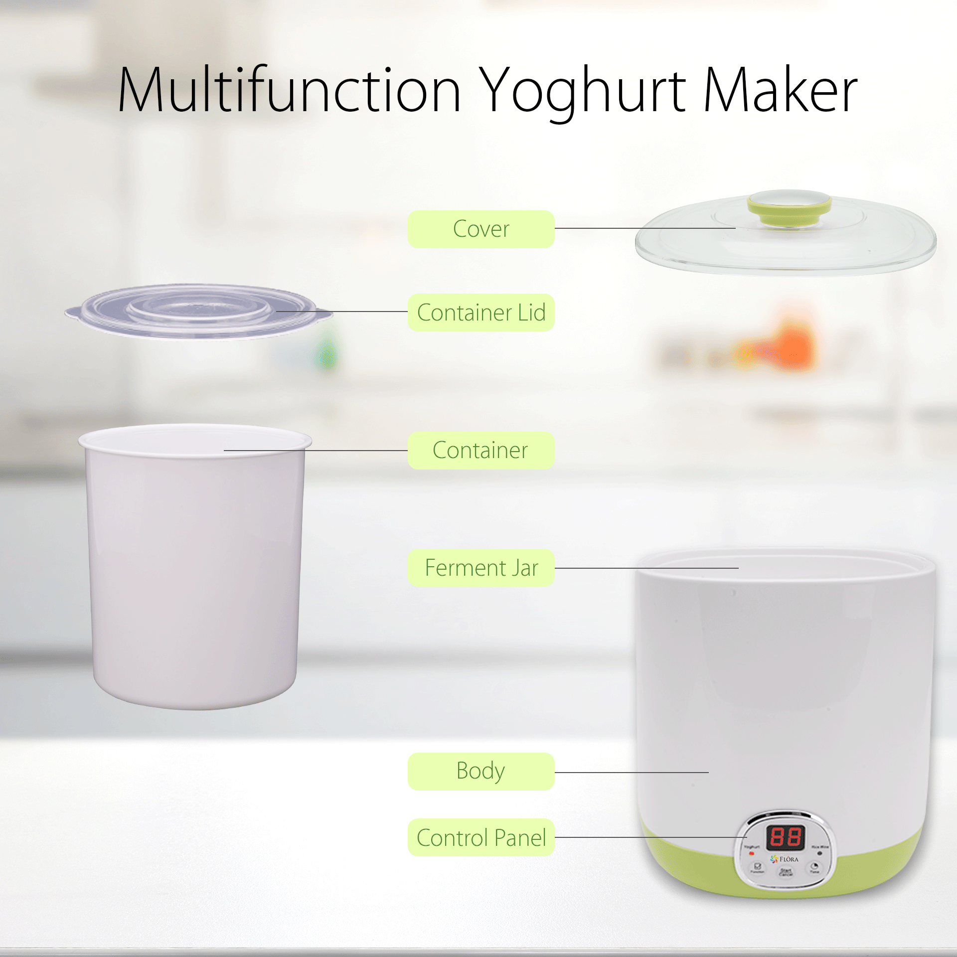 Flora Electric Yogurt Maker with 1L Capacity - Automatic FDA Food Grade Yogurt & Rice Wine Maker for Homemade Yogurt, Fermented Curd - Perfect for Healthy Breakfast, Snacks & DIY Probiotic Drinks (AU Stock, Brand FL YME 110)