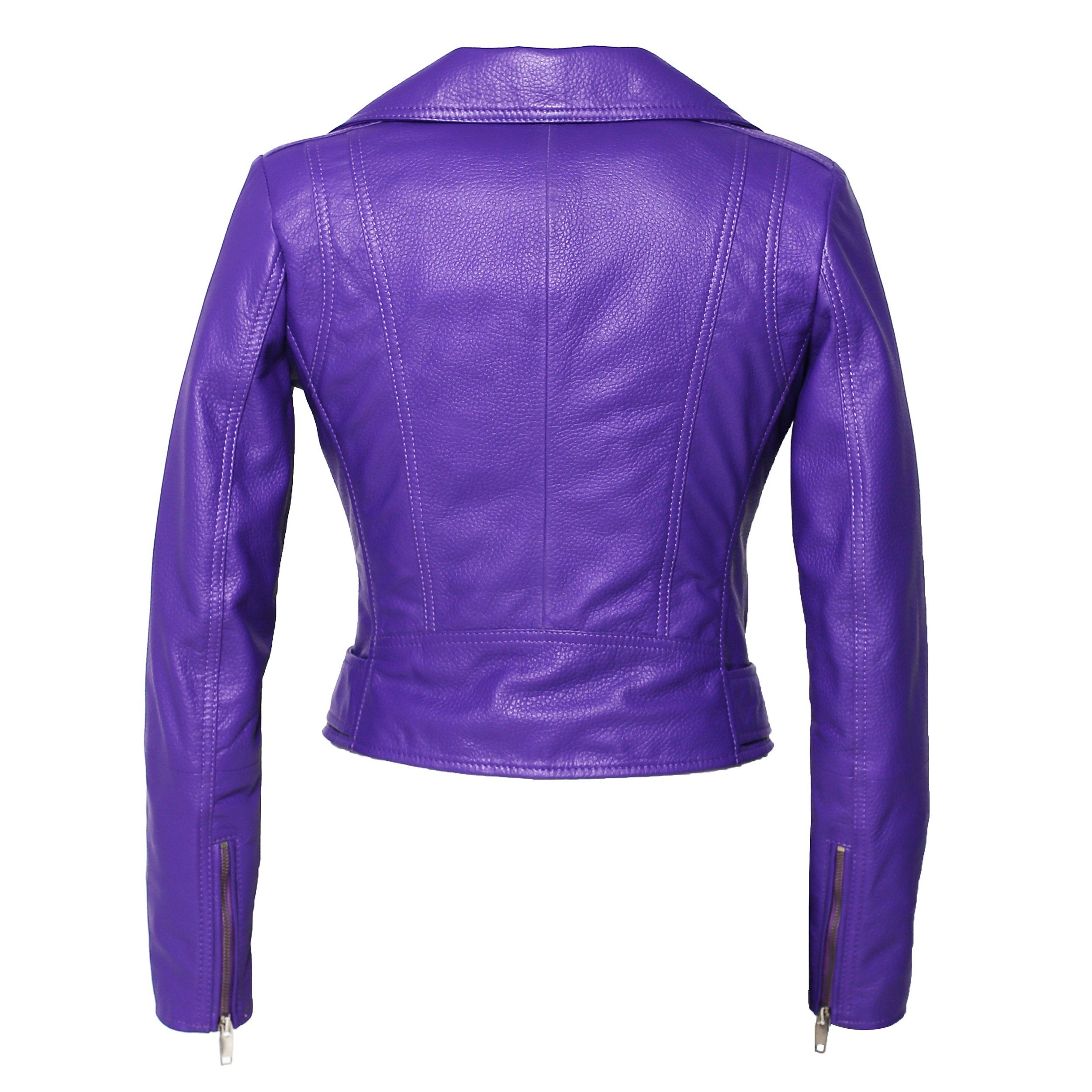 Women's Purple Nappa Leather Jacket - Moto Style with Deerskin Embossed Print | Perfect for Biker Fashion, Night Out & Casual Wear