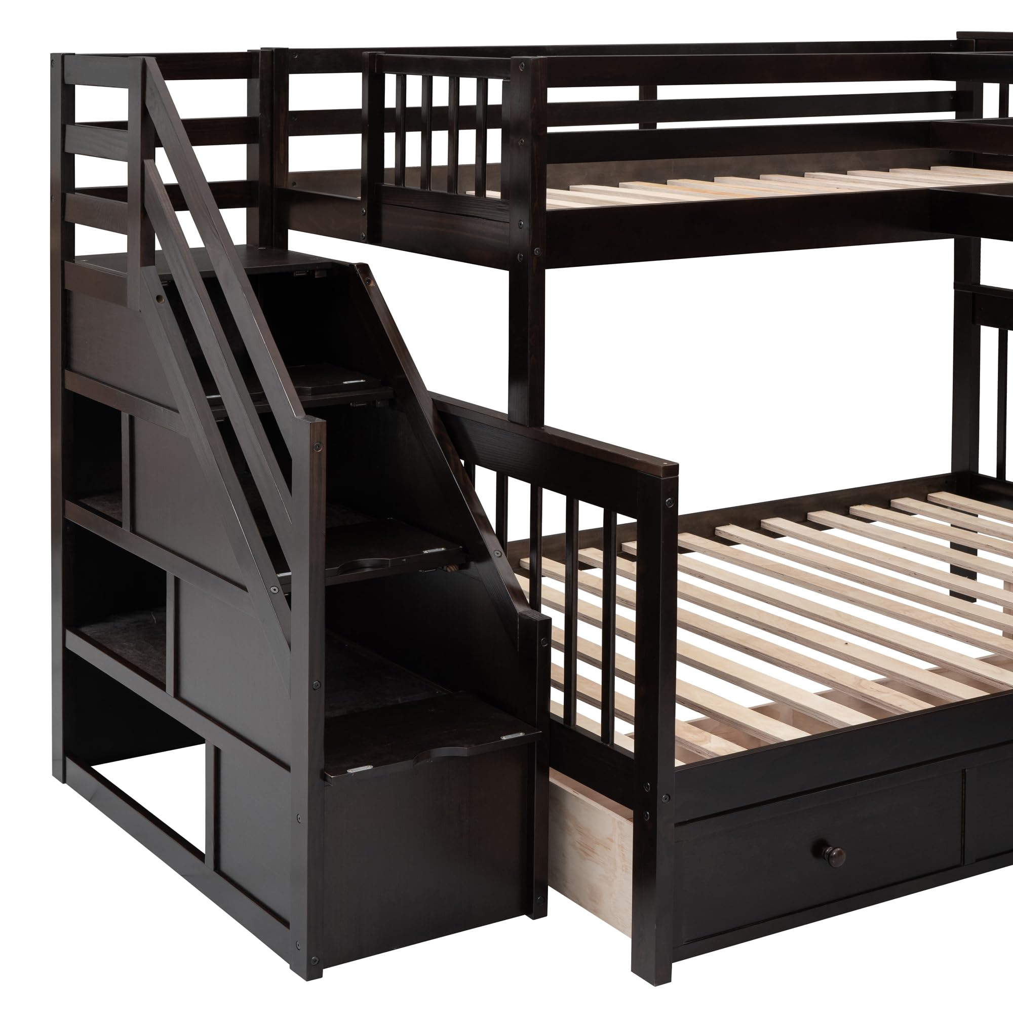 L-Shaped Triple Bunk Bed with Storage Staircase, Wardrobe, Desk & Drawers - Solid Wood Space-Saving Bunk Bed for 3 Kids, Teens or Adults (Twin Over Full, Espresso Finish) - Perfect for Small Bedrooms, Guest Rooms & Shared Kids' Rooms