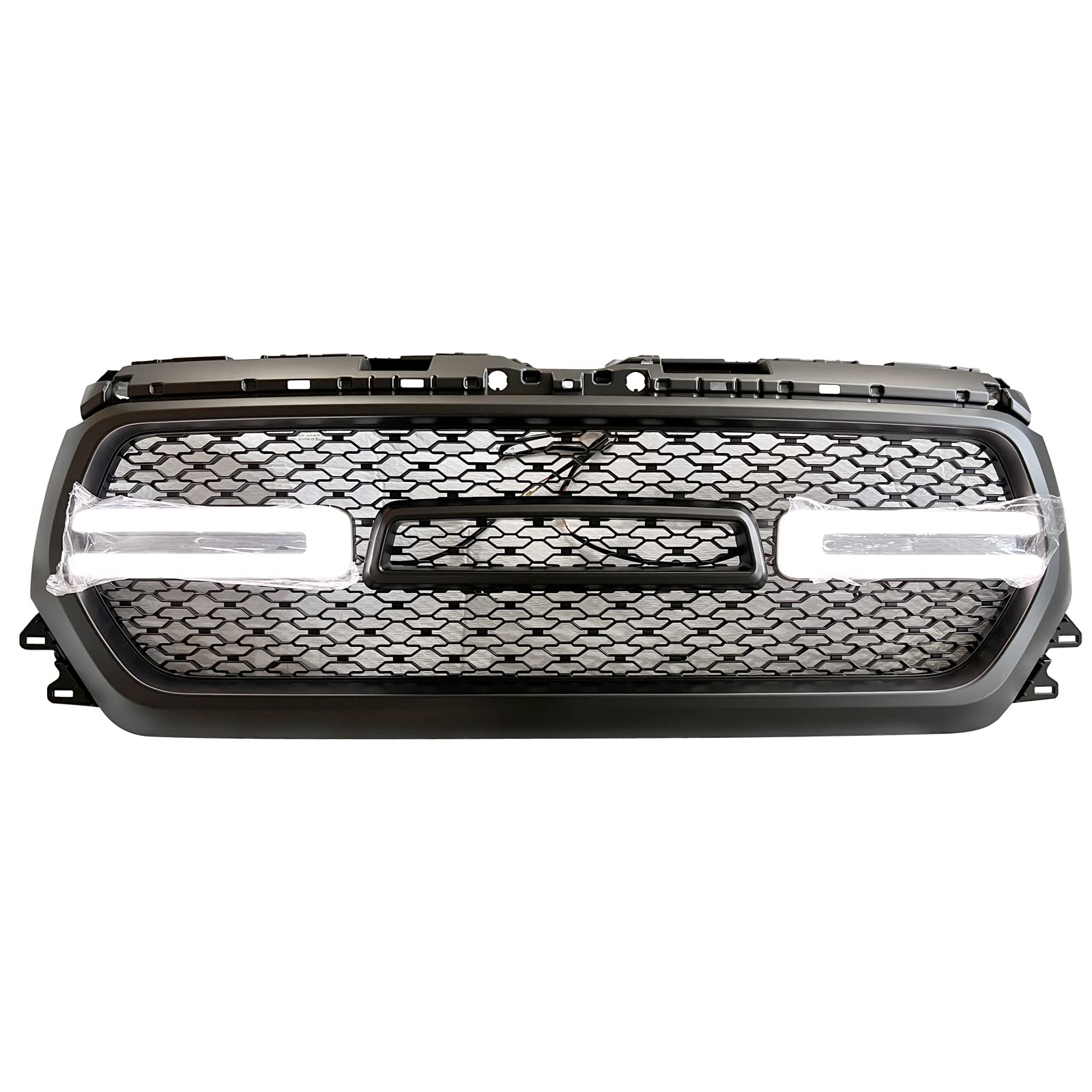 IKON MOTORSPORTS Matte Black Mesh Grille with DRL Daytime Running Lights & Switchback Turn Signals - Compatible with 2019-2024 Ram 1500 Truck Front Bumper | Upgrade Your Ride for Enhanced Style & Nighttime Visibility
