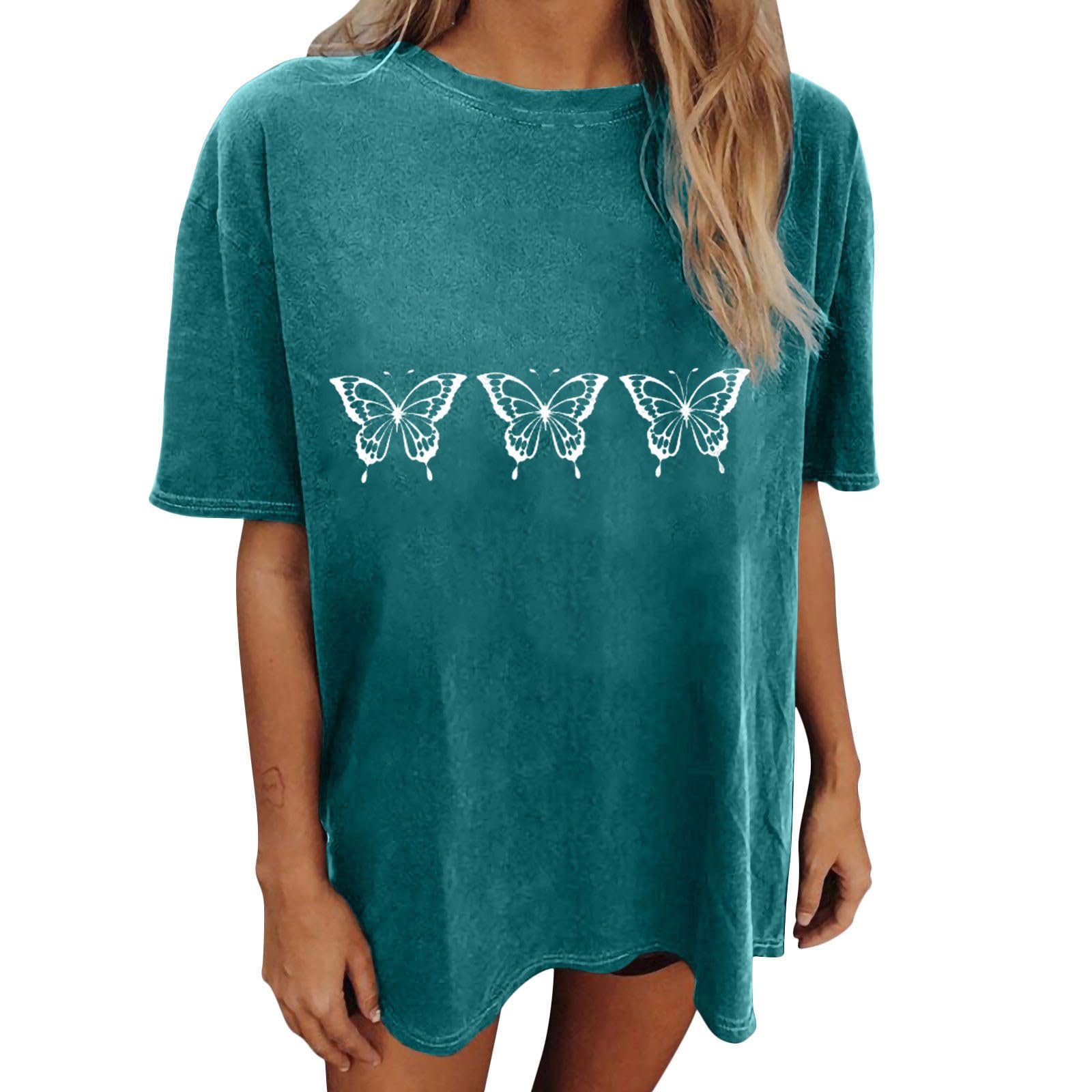 Women's Crew Neck Letter Print T-Shirt - Dropped Shoulder Short Sleeve Butterfly Graphic Tee - Elegant Summer Casual Top for Teen Girls | Perfect for Outings, Beach Days & Streetwear Fashion
