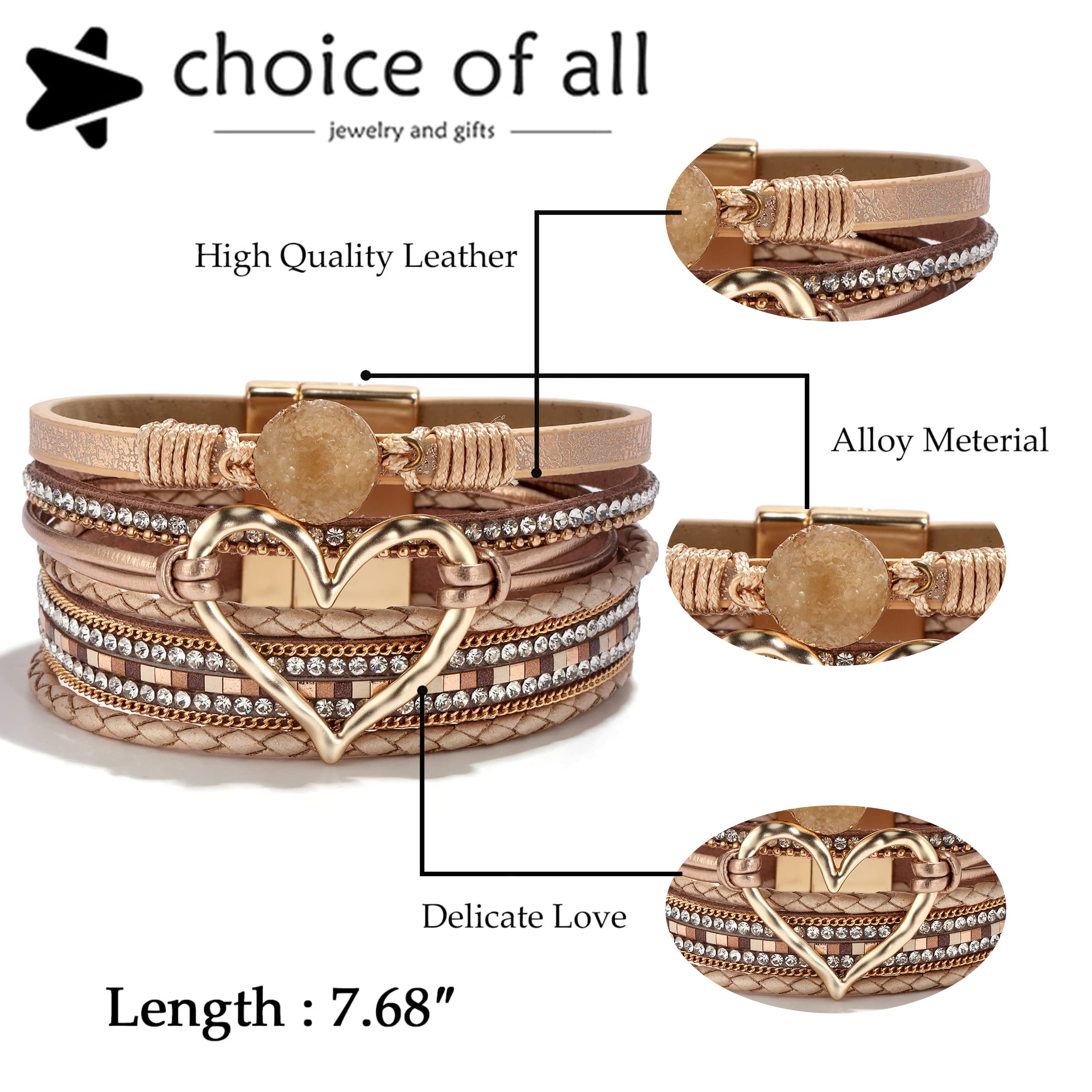 Trendy Boho Leather Heart Bracelets for Women - Handmade Layered Chunky Wrap Bracelets Stack, Valentine's Day Gifts for Her | Perfect for Everyday Wear, Boho Jewelry Layering & Festival Outfits - Ideal for Date Nights, Music Festivals & Casual Chic Style