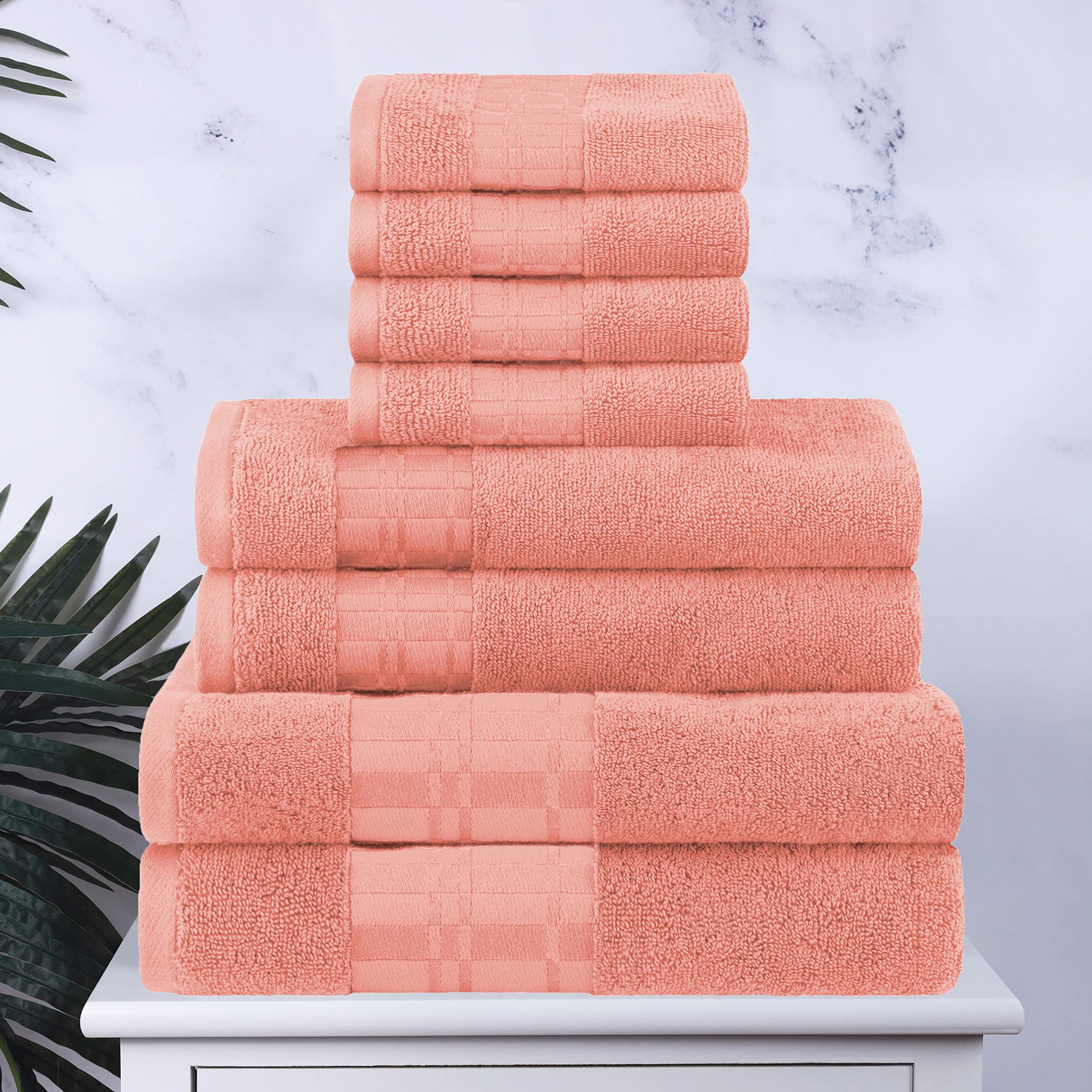 Premium 8-Piece Cotton Towel Set - Soft Quick-Dry Geometric Design Bath & Hand Towels with Dobby Border | Includes 2 Bath, 2 Hand, 4 Washcloths | Luxury Spa & Bathroom Decor for Home, Hotel, Gym | Larissa Collection in Coral