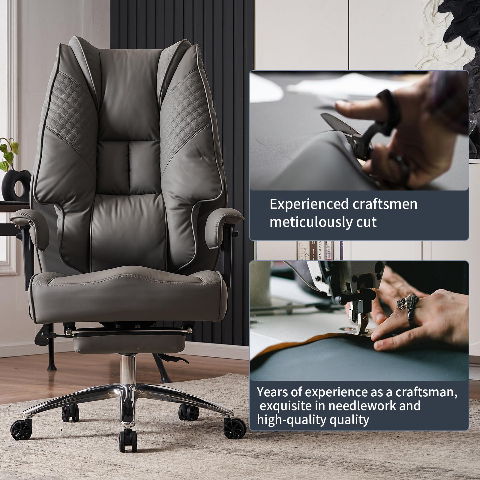 Big and Tall Office Chair for Heavy People 400lbs - Wide Seat Leather Executive Chair with High Back, Footrest & Lumbar Support - Ergonomic Computer Desk Chair for Back Pain Relief - Perfect for Home Office, Gaming & Workspace (Grey)