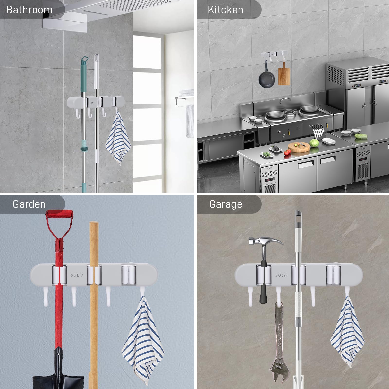 Heavy Duty Broom Holder with 3 Slots & 4 Hooks - Wall Mounted Garden Tool Organizer for Home, Laundry Room, Kitchen, Closet, Shed & Garage Storage - Space Saving Grey Broom Hanger for Mops, Rakes & Cleaning Supplies
