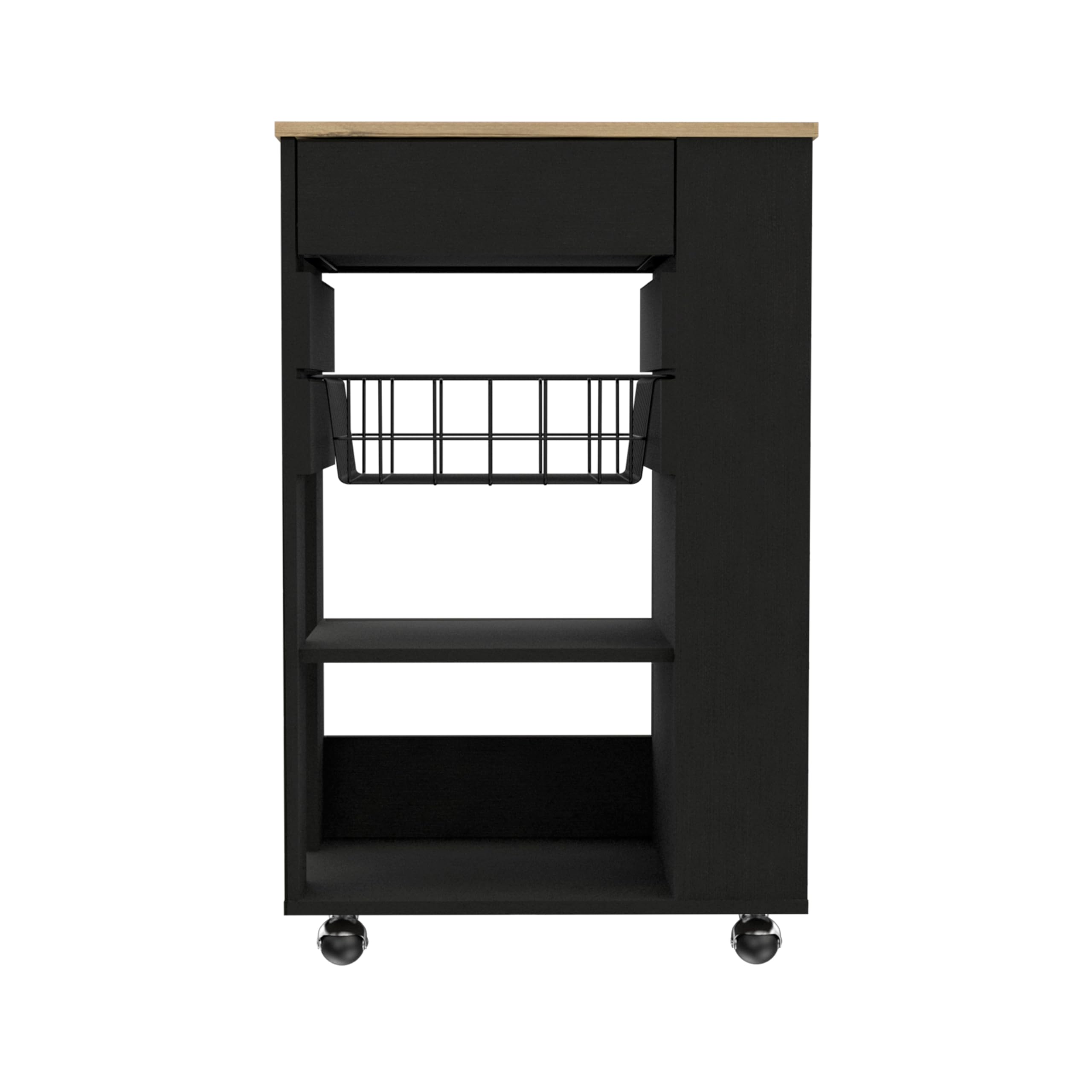 Tuhome Blossom Kitchen Cart with 1 Drawer & 2 Open Shelves, 4 Casters - Black/Light Oak Finish | Mobile Storage for Small Kitchen, Dining Room, or Office Workspace
