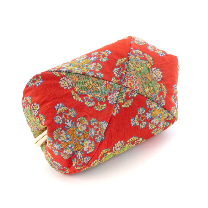 Japanese Nishijin Silk Small Pouch - Floral Red Kyoto Handmade Cosmetic & Makeup Bag | Traditional Gamaguchi Pouch for Travel Toiletry, Stationery & Bag Organizer | Perfect for Daily Use, Gift Giving & Japanese Culture Lovers