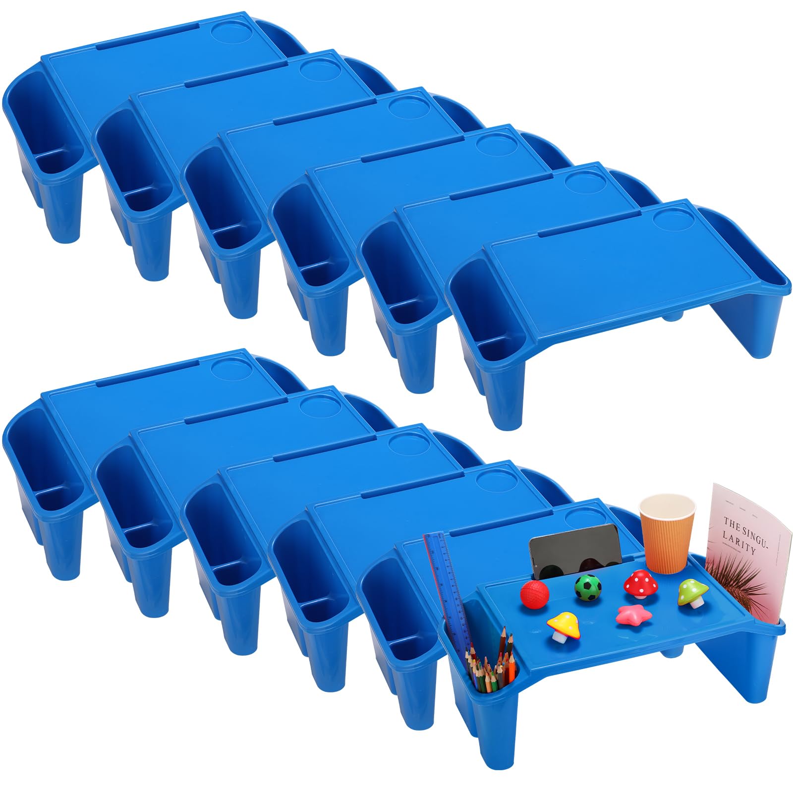 Kisston 12-Piece Kids Lap Desk Set - Portable Plastic Study Tray with Storage Space for Children, Students - Perfect for School, Classroom, Homework & Bed Use (Blue) | Ideal for Reading, Drawing, Remote Learning & On-the-Go Activities