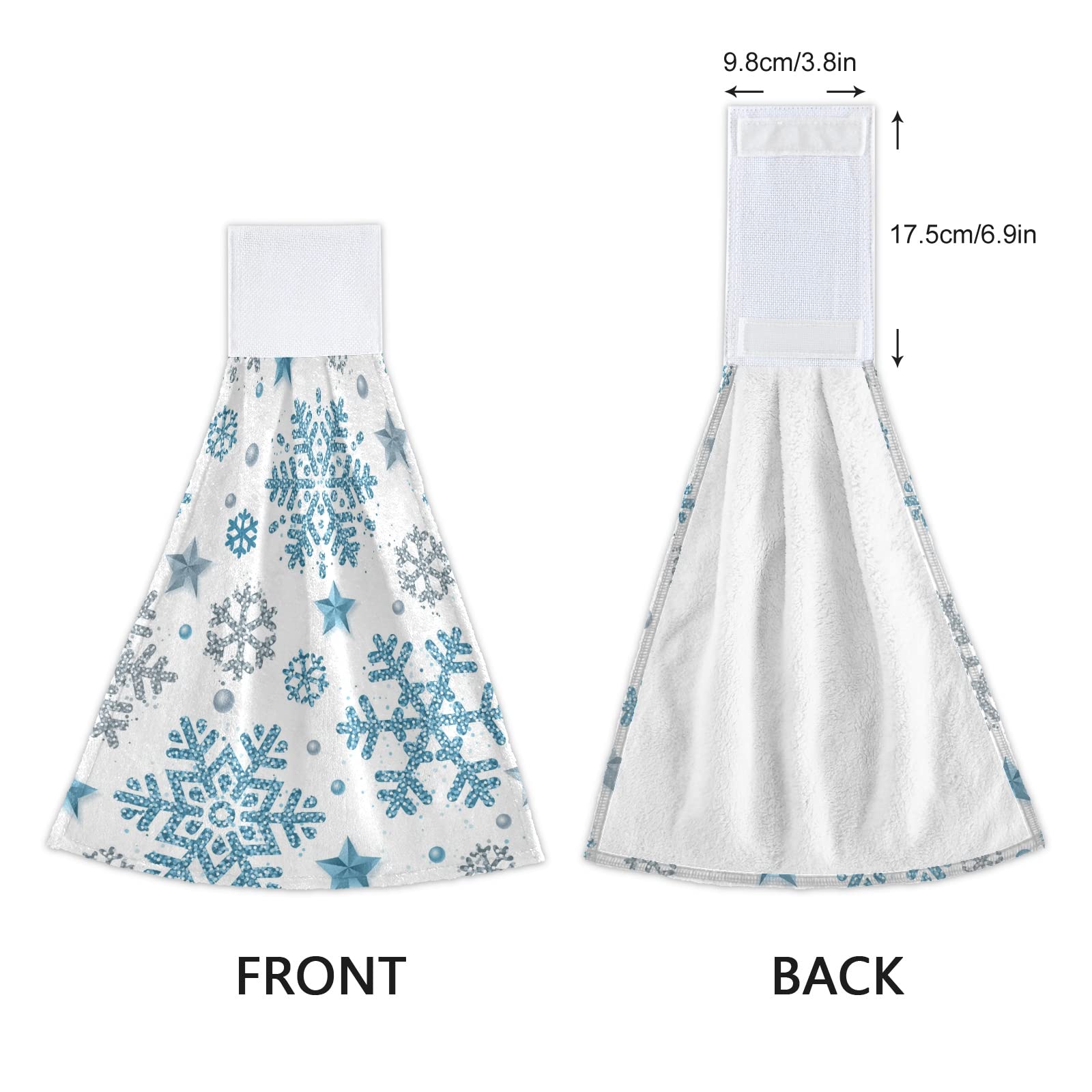 Christmas Silver & Blue Glitter Snowflake Star Hanging Kitchen Towels - 2 Pack Soft Absorbent Fast-Drying Hand & Dish Towels with Hook & Loop for Holiday Decor, Bathroom & Kitchen Cleaning