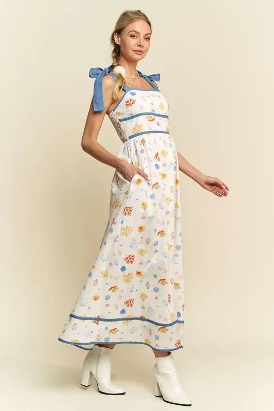 Stylish Denim Binding Summer Maxi Dress for Women - Flowy Beach Dress with Pockets | Perfect for Vacations, Pool Parties & Casual Outings