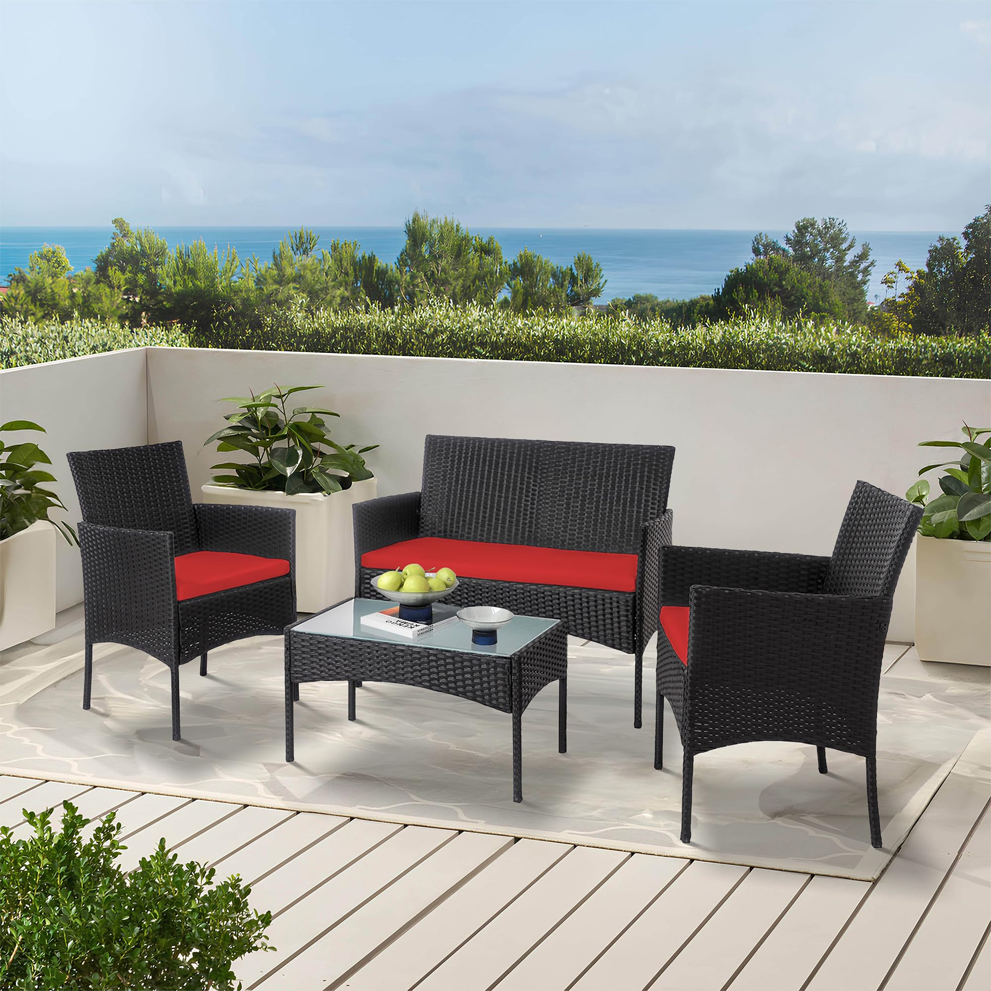 PROHIKER 4-Piece Outdoor Wicker Patio Furniture Set with Cushions & Glass Table - Rattan Sofa & Chairs for Garden, Poolside, Backyard or Yard - Black/Red - Perfect for Relaxing, Entertaining & Outdoor Dining