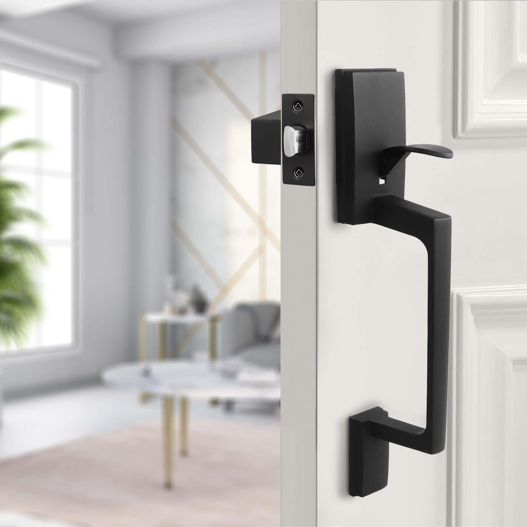 Azdele Matte Black Front Door Handle Set with Reversible Lever - Heavy Duty Exterior Door Knob for Right or Left Handed Entry Doors, Front Door Hardware in Modern Matte Black Finish - Perfect for Home, Office & Commercial Buildings