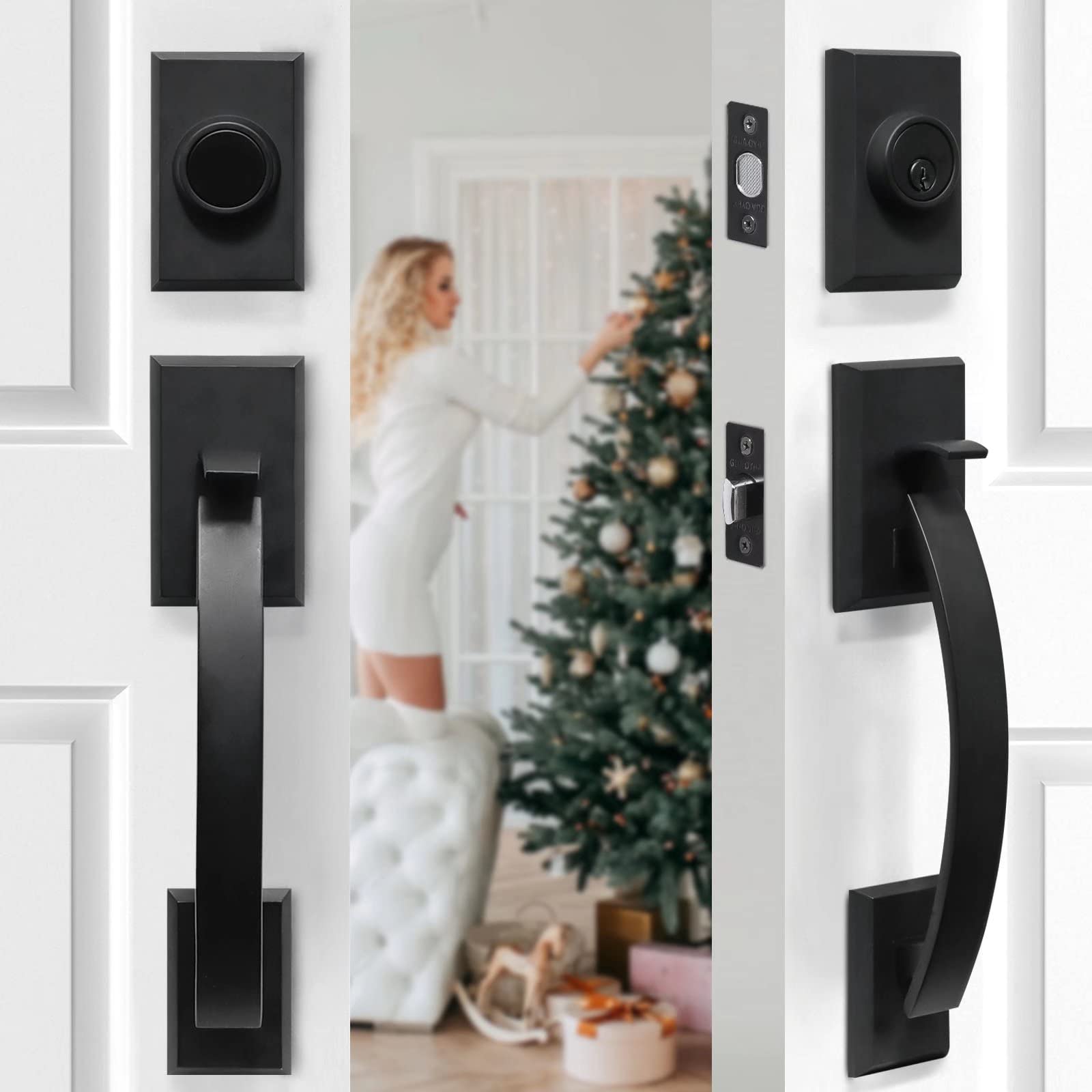 **Heavy Duty Matte Black Double Front Door Handle Set with Lever - Durable Entry & Office Door Handleset for Enhanced Security & Style**    *(Perfect for Front Doors, Office Entrances, and High-Traffic Areas – Adds Elegance & Durability to Any Space!)*