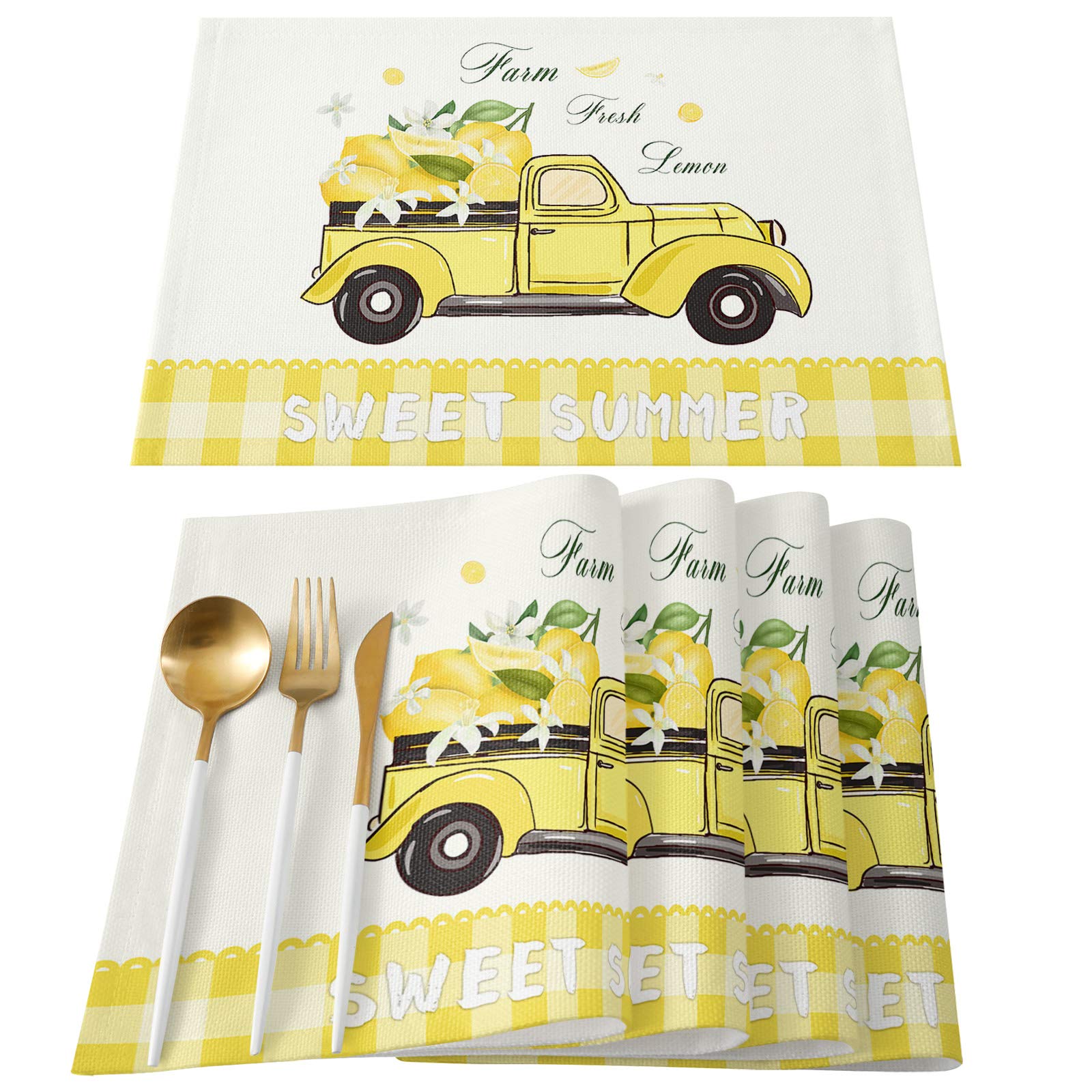 Round Non-Slip Heat Resistant Placemats Set of 4 - Tropical Lemon Truck Plaid Design, Washable Kitchen Table Mats for Dining Room, Summer Yellow Lattice Pattern - Perfect for Family Meals, Indoor Picnics & Home Decor (Kids/Women/Men)