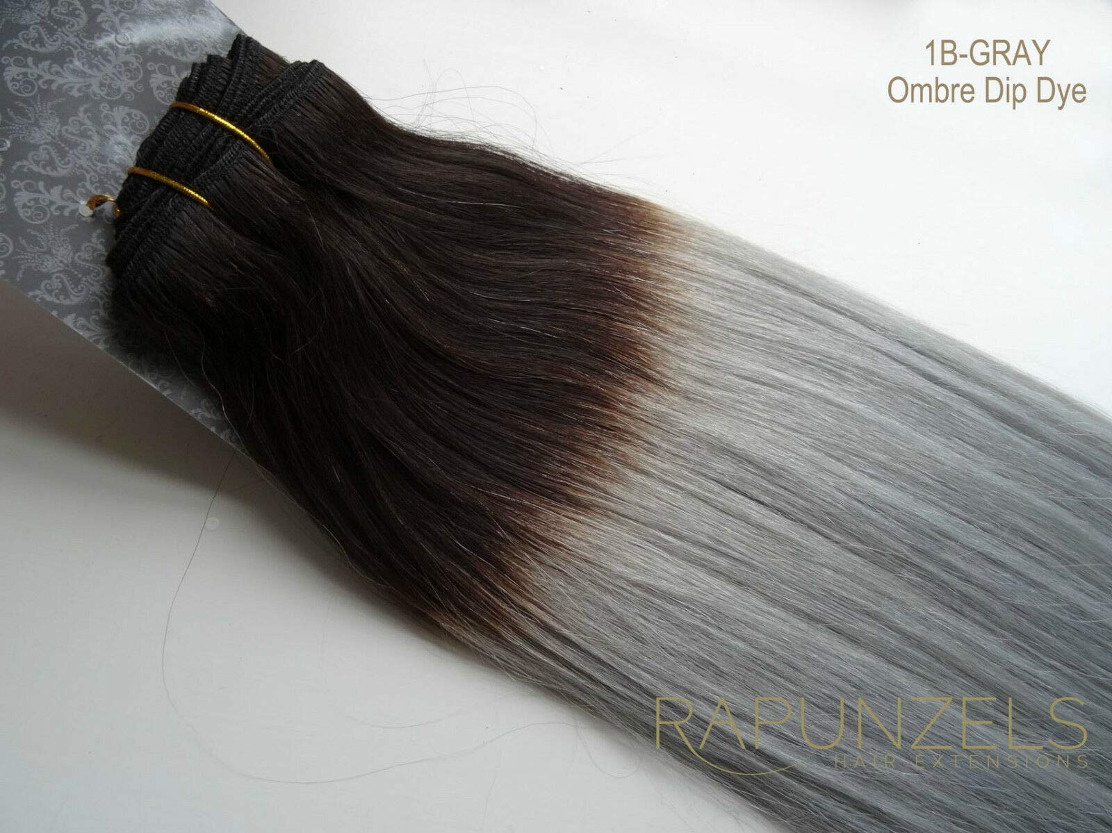 20 Inch Remy Human Hair Extensions Ombre Dip Dye Black to Silver Grey - 180g 9ft Weft for Half & Full Head - Clip-in Hair Extensions for Length & Volume - Perfect for Parties, Weddings & Daily Styling