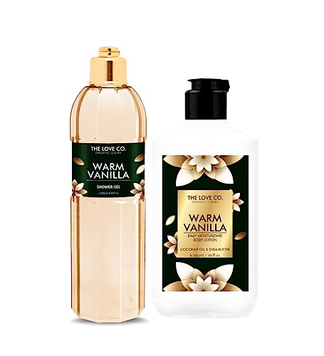 THE LOVE CO. Warm Vanilla Body Wash & Lotion Set - Moisturizing & Hydrating Body Care Combo for Dry Skin - 100% Vegan, Cruelty-Free - Perfect for Daily Shower & Spa Night at Home (Pack of 2)