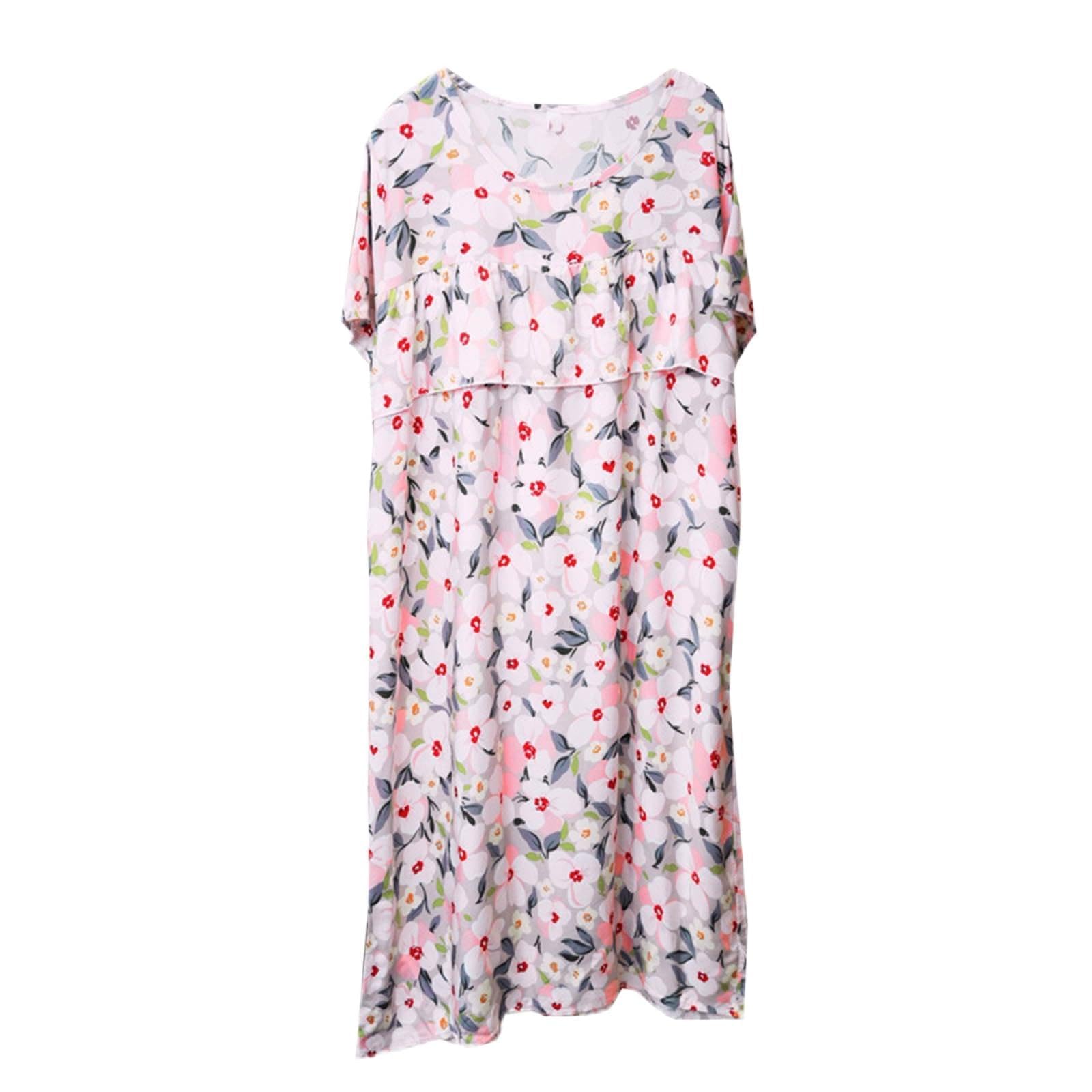 Cyber Monday Deals - Women's Cotton Nightgown Sleepwear Short Sleeve Casual Print Sleep Dress | Loose Fit Summer Nightgown | Prime Exclusive Clearance Sale | Perfect for Home Lounging, Vacation & Comfortable Sleep