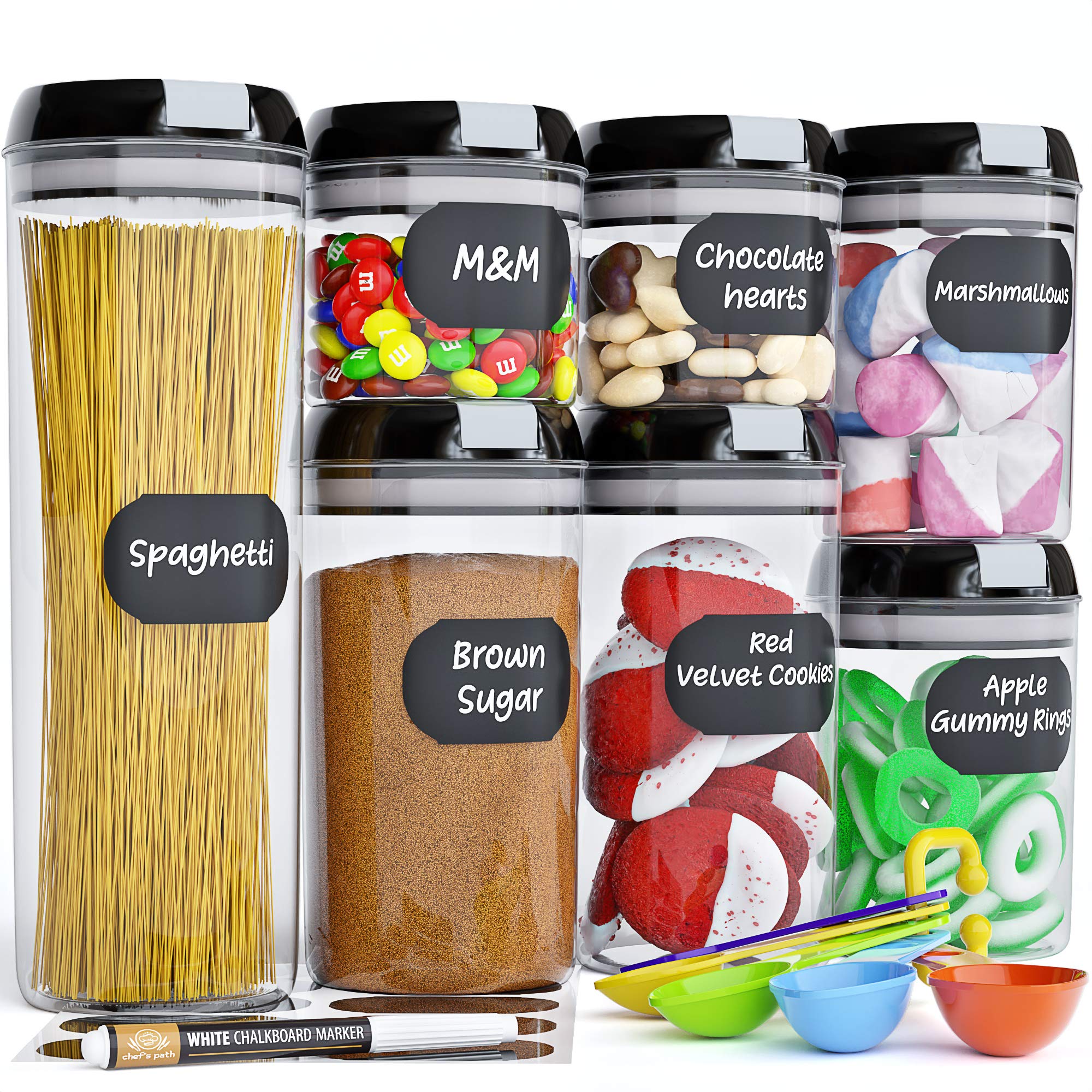 Chef's Path 7-Piece Airtight Food Storage Container Set - BPA-Free Plastic Canisters with Lids for Cereal, Flour, Sugar - Includes Labels, Marker & Spoon - Perfect for Kitchen Pantry Organization & Meal Prep Storage