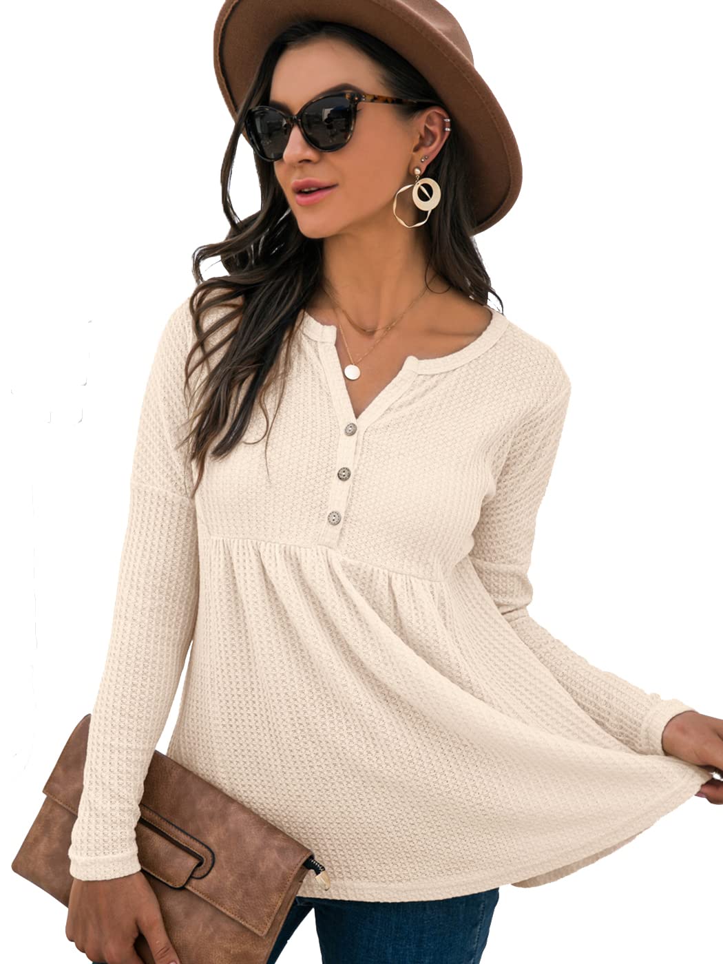 Anna-Kaci Women's Long Sleeve V-Neck Waffle Knit Babydoll Ruffle Blouse Top - Casual Loose Fit Tunic Shirt for Fall & Winter, Perfect for Office, Date Night and Layering