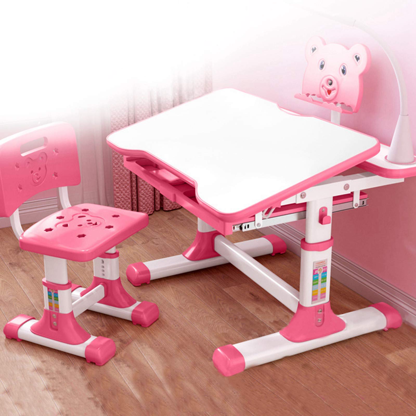 Adjustable Kids Desk and Chair Set with LED Light, Bookstand & Storage Drawer - Ergonomic Study Desk for Boys & Girls, Pink - Perfect for Homework, Online Learning & Crafting Activities
