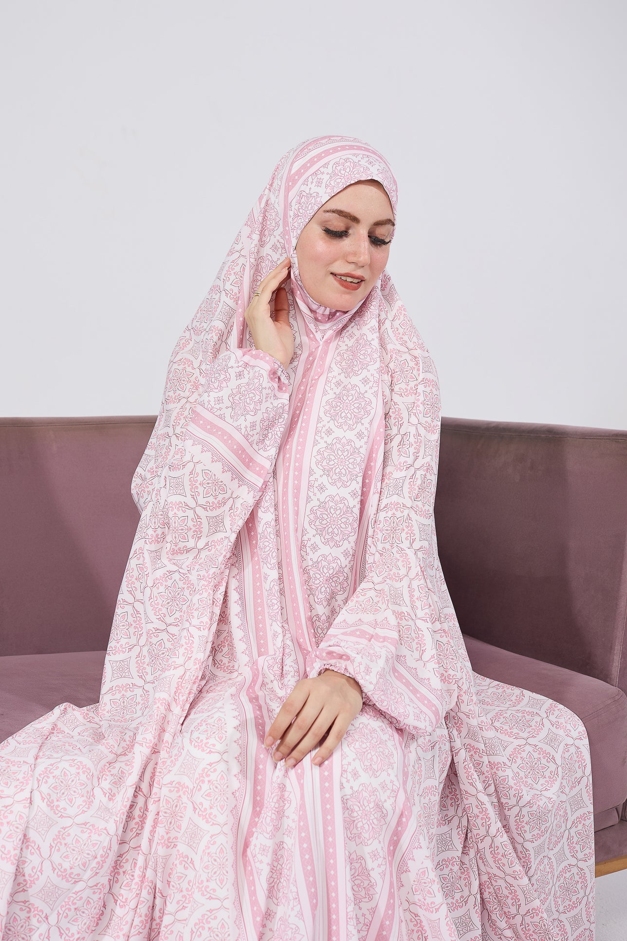 Aaliyah Blush Satin Prayer Gown with Intricate Floral Embroidery - Elegant Islamic Prayer Dress for Women, Modest Nightgown & Special Occasion Wear