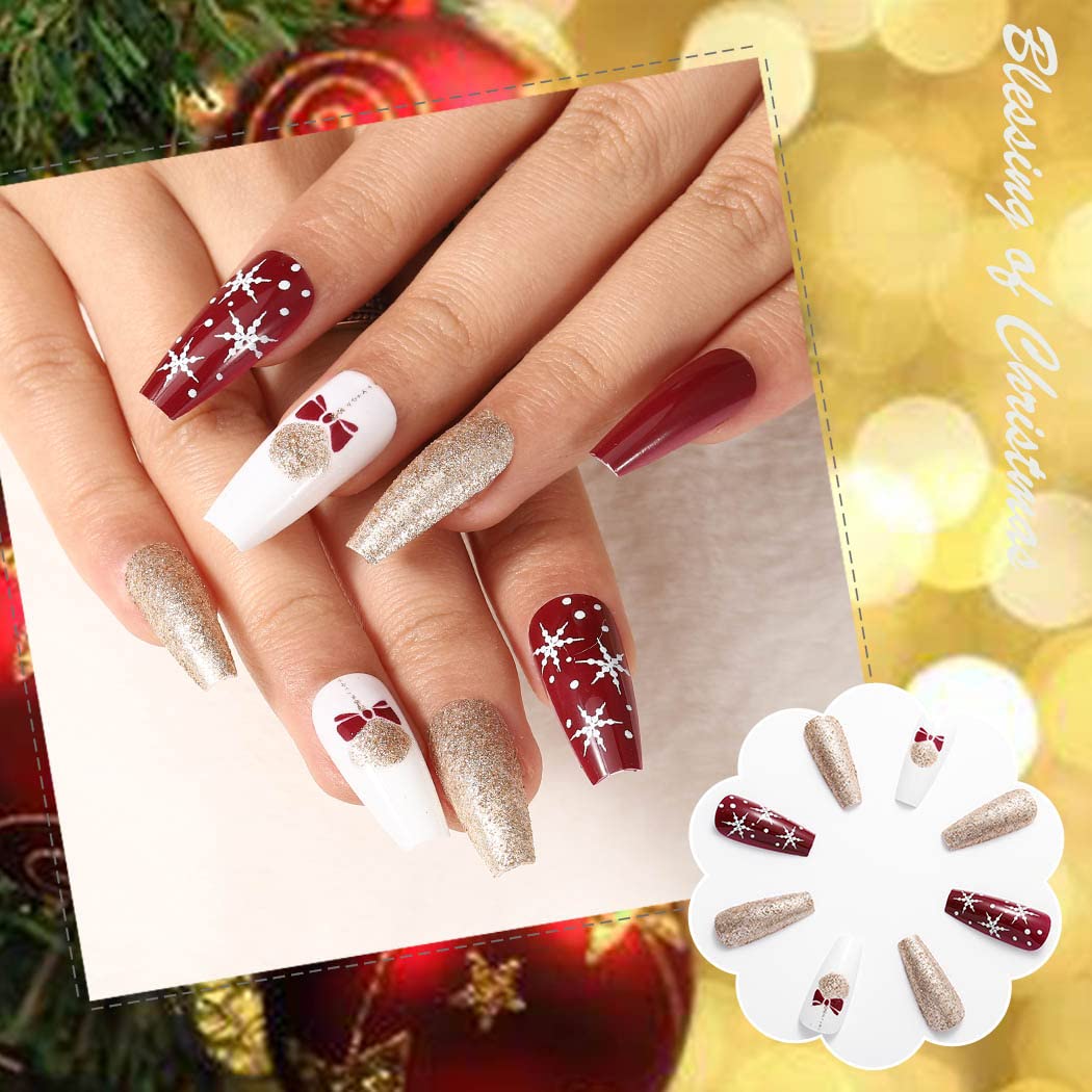Uranian Christmas Press on Nails - 24pcs Long Coffin Fake Nails with Snowflake Stripes, Santa Claus & Elk Glitter Designs, Glossy Red French Tip Acrylic Nails for Women & Girls | Holiday Parties, Gift Giving, Festive Nail Art