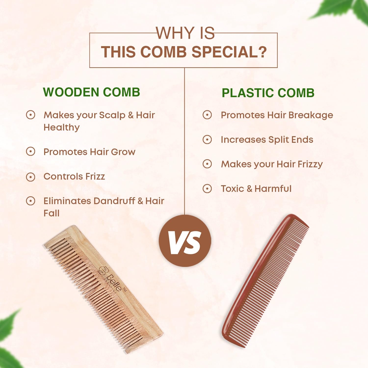 Belle Organics 100% Natural Neem Wooden Comb for Hair - Anti-Breakage, Scalp Nourishing & Anti-Frizz | Gentle Detangling Comb for Healthy Hair Growth | Eco-Friendly Wooden Hair Brush for Daily Hair Care & Styling