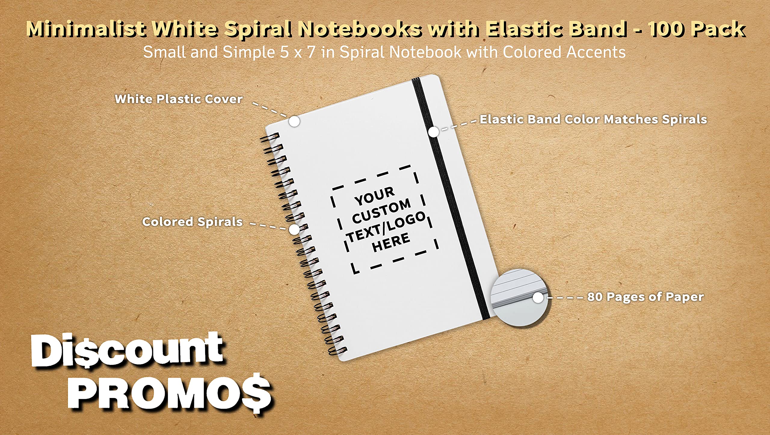 100-Pack White Spiral Notebooks with Elastic Closure | Customizable Cover Text & Logo | 80 Lined Pages | Eco-Friendly Recycled Paper | Perfect for Office, School & Journaling