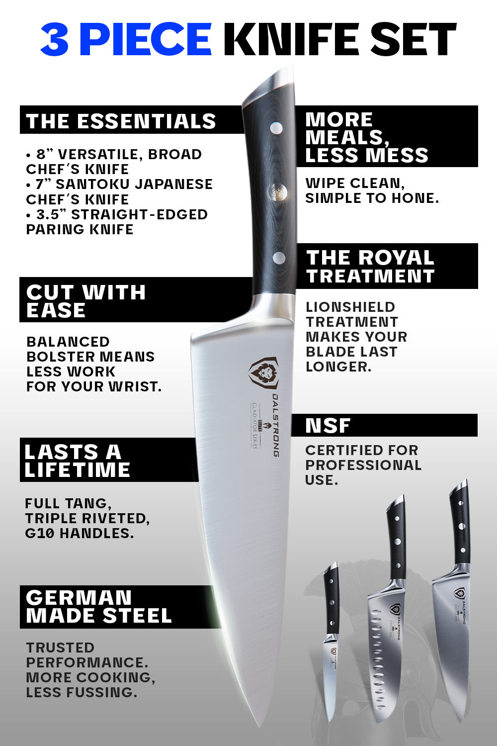 Premium 3-Piece Knife Set - Chef, Santoku & Paring Knives | Gladiator Series Elite | NSF Certified | Professional Kitchen Cutlery | Perfect for Home Chefs & Culinary Enthusiasts | Dalstrong ©