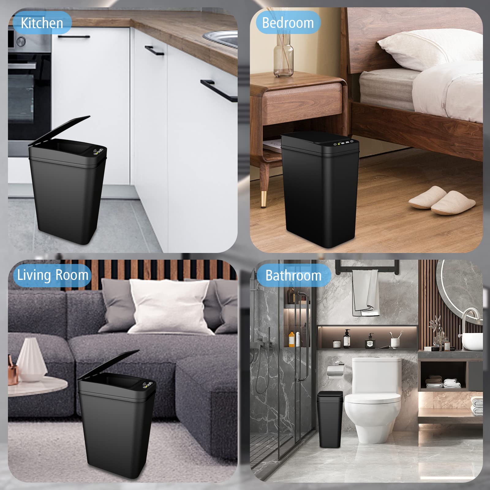 2.6 Gallon Automatic Motion Sensor Trash Can with Lid - Touchless, Waterproof, Slim Design for Bathroom, Bedroom, Office & Living Room - Ideal for Hands-Free Waste Disposal in Small Spaces (Black)