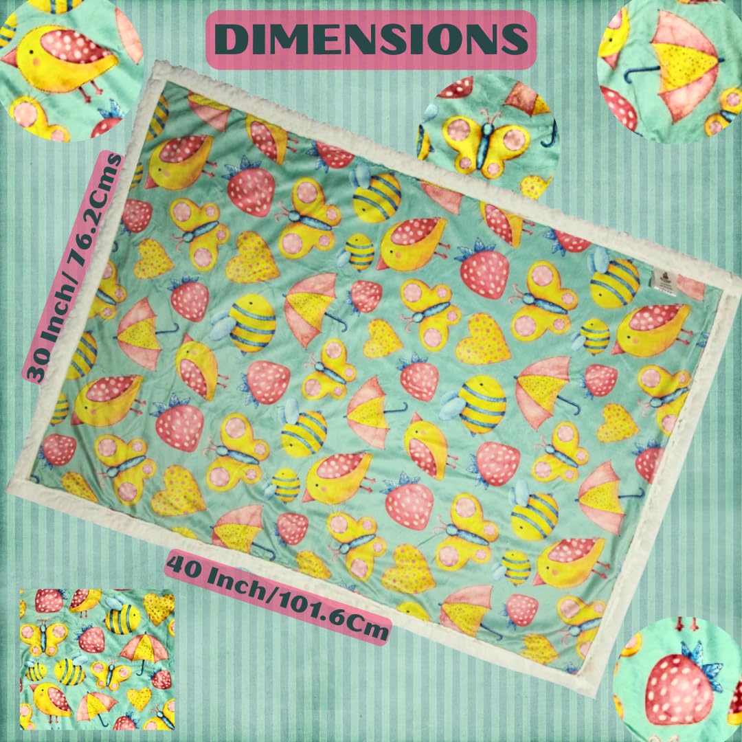 Mitchkee Soft Sherpa Fleece Baby Blanket for Nursery, Stroller & Crib - Pink & Light Teal with Bird, Butterfly & Bee Design - Cozy Receiving Blanket for Infants & Toddlers - Perfect for Snuggling, Playtime & Gift Giving