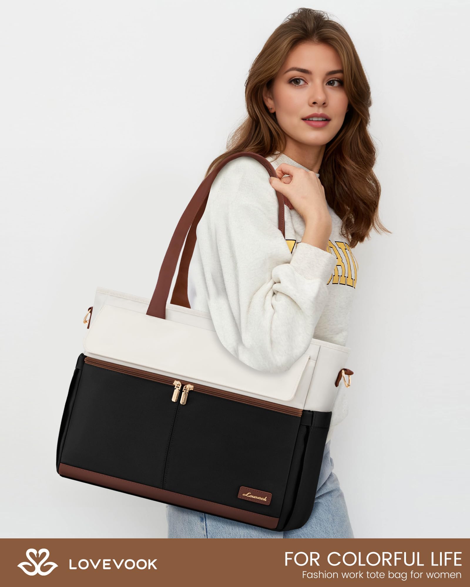 LOVEVOOK 15.6 Inch Laptop Bag for Women - Large Capacity Water Resistant Work Bag with Multiple Pockets & Removable Strap, Ideal for Business Travel, Nursing, Teaching, and Everyday Use
