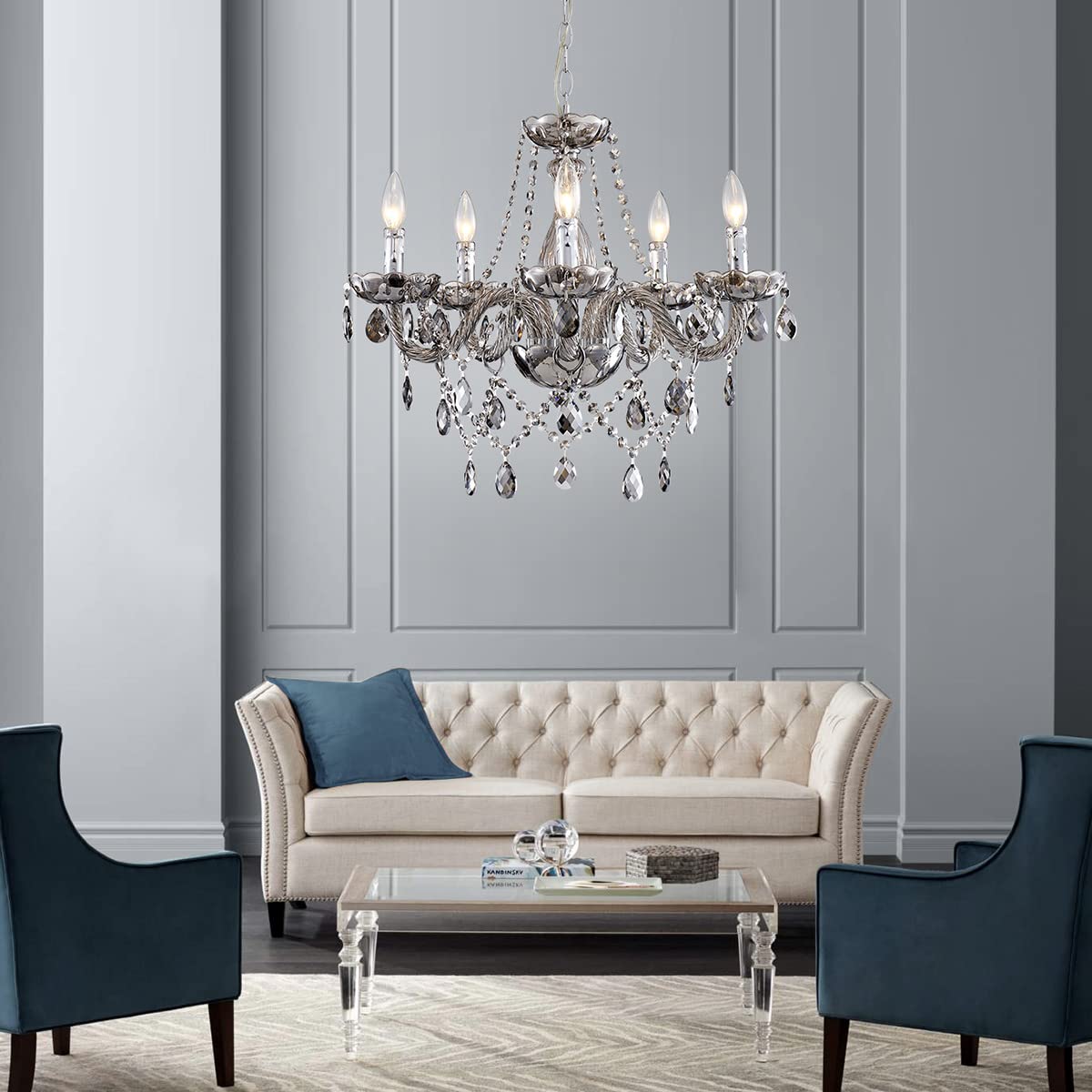 Saint Mossi 5-Light Modern K9 Crystal Chandelier - Adjustable Chain Contemporary Pendant Ceiling Light Fixture for Dining Room, Bedroom, Living Room - Smoky Gray | Elegant Lighting for Home Decor & Special Occasions