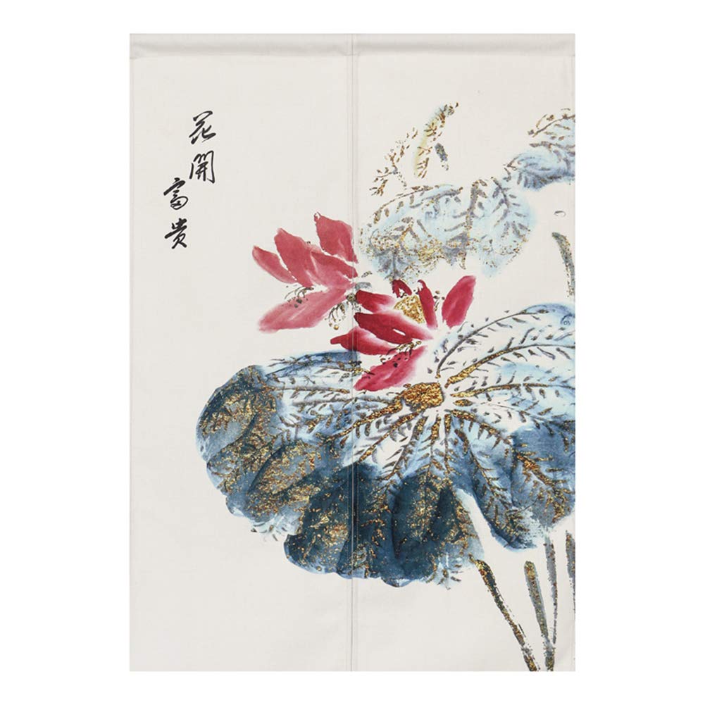 Japanese Noren Curtains - Cotton Linen Doorway Tapestry with Lotus Flower Design (29