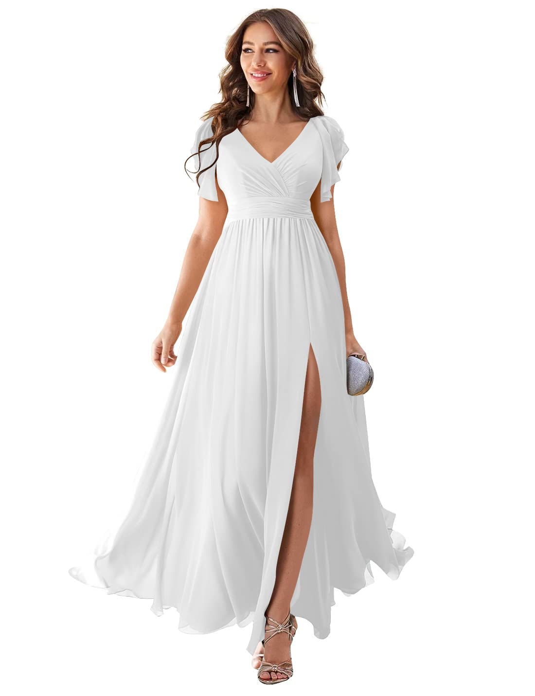 Elegant Women's Formal Chiffon Bridesmaid Dress with Long Ruffle Sleeves & V-Neck - Perfect for Weddings, Evening Parties & Special Occasions
