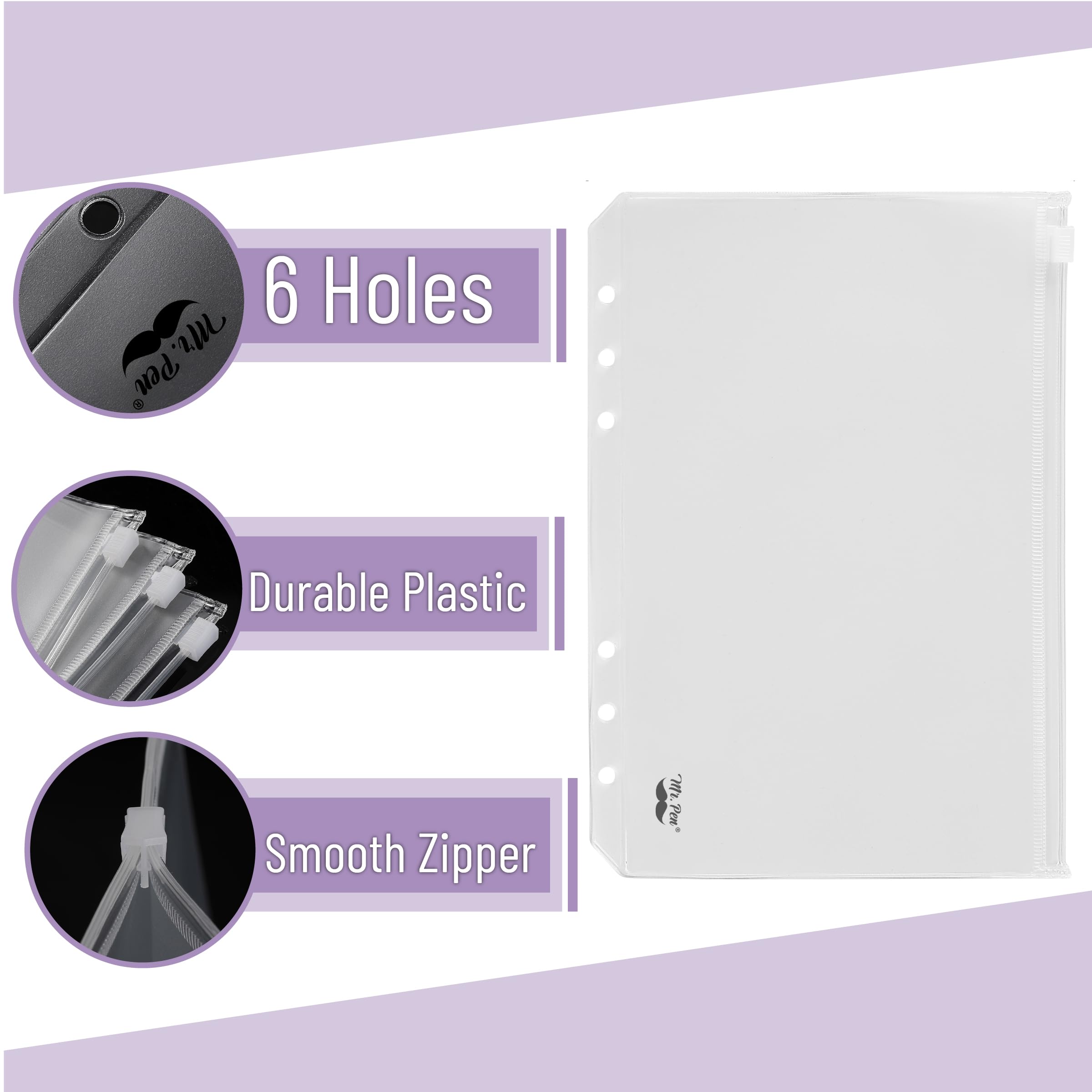 Mr. Pen A5 Plastic Binder Pockets - 8 Pack Clear 6-Ring Binder Envelopes for Money, Cash & Documents - Lightweight Money Organizer for Office, School & Travel (8 Pieces)