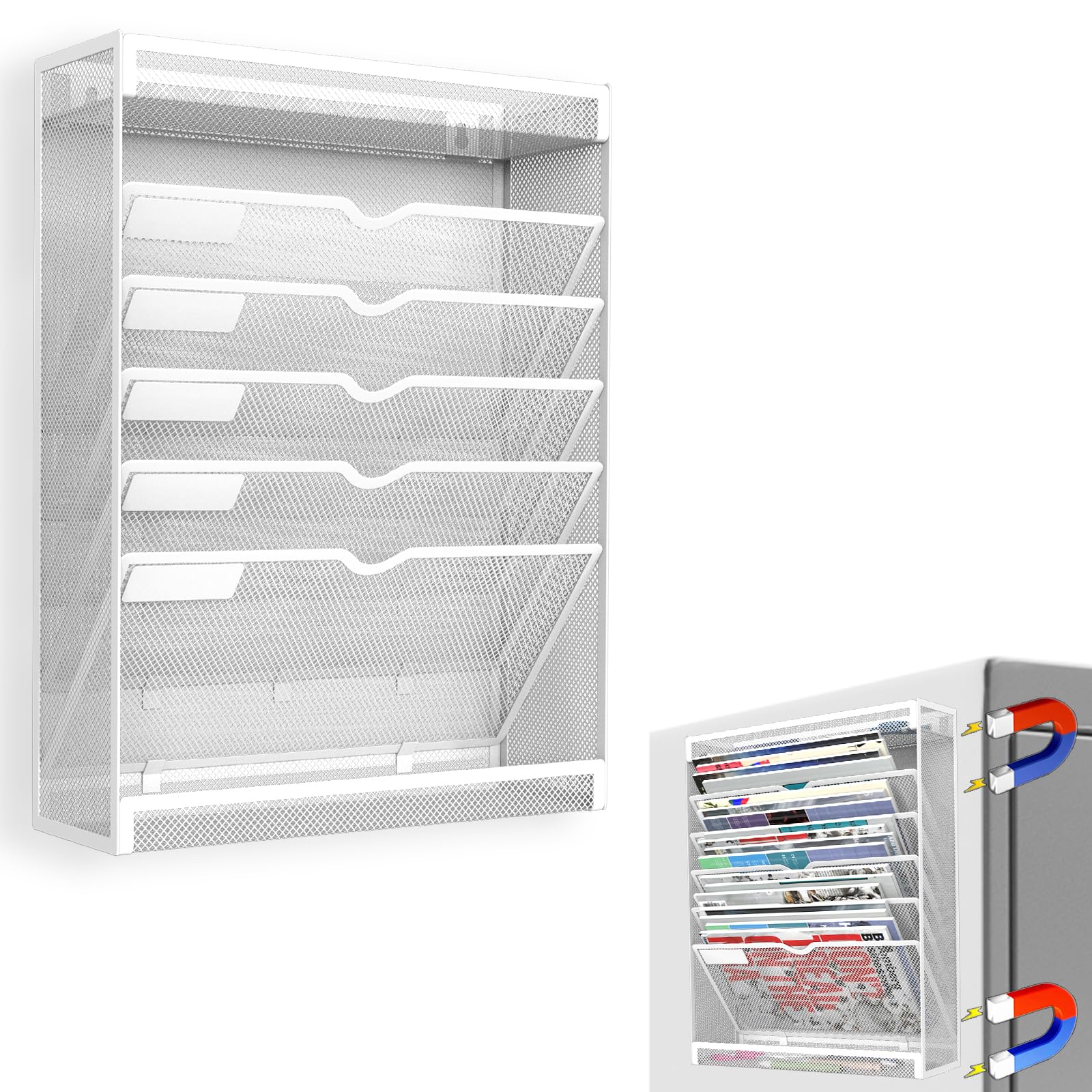 7-Tier Magnetic File Organizer - No Drilling Wall Mount for Office, Classroom & Home - Fits Whiteboards, Refrigerators & File Cabinets - Space-Saving Hanging Paper Folder Holder (White) - Perfect for Document Organization & Workspace Decluttering