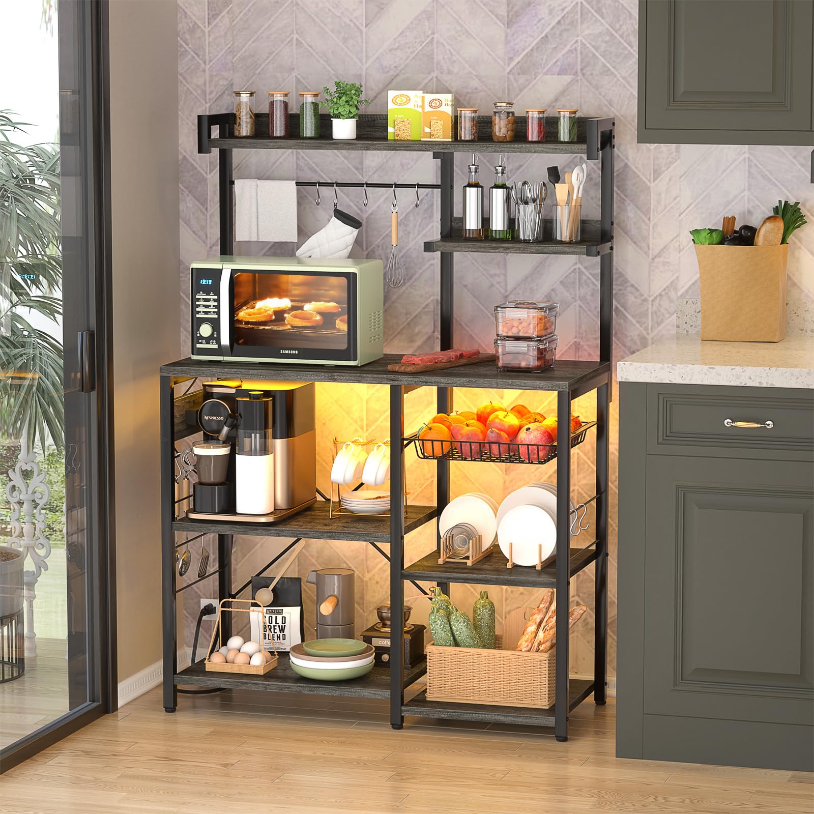 Aheaplus 3-Tier Bakers Rack with Power Outlet & LED Lights - Kitchen Storage Shelf with Microwave Stand, Wire Baskets & 10 Hooks for Spices, Pots - Coffee Bar Station Island Table in Black Oak - Perfect for Small Kitchens, Pantry Organization & Coffee Station Setup