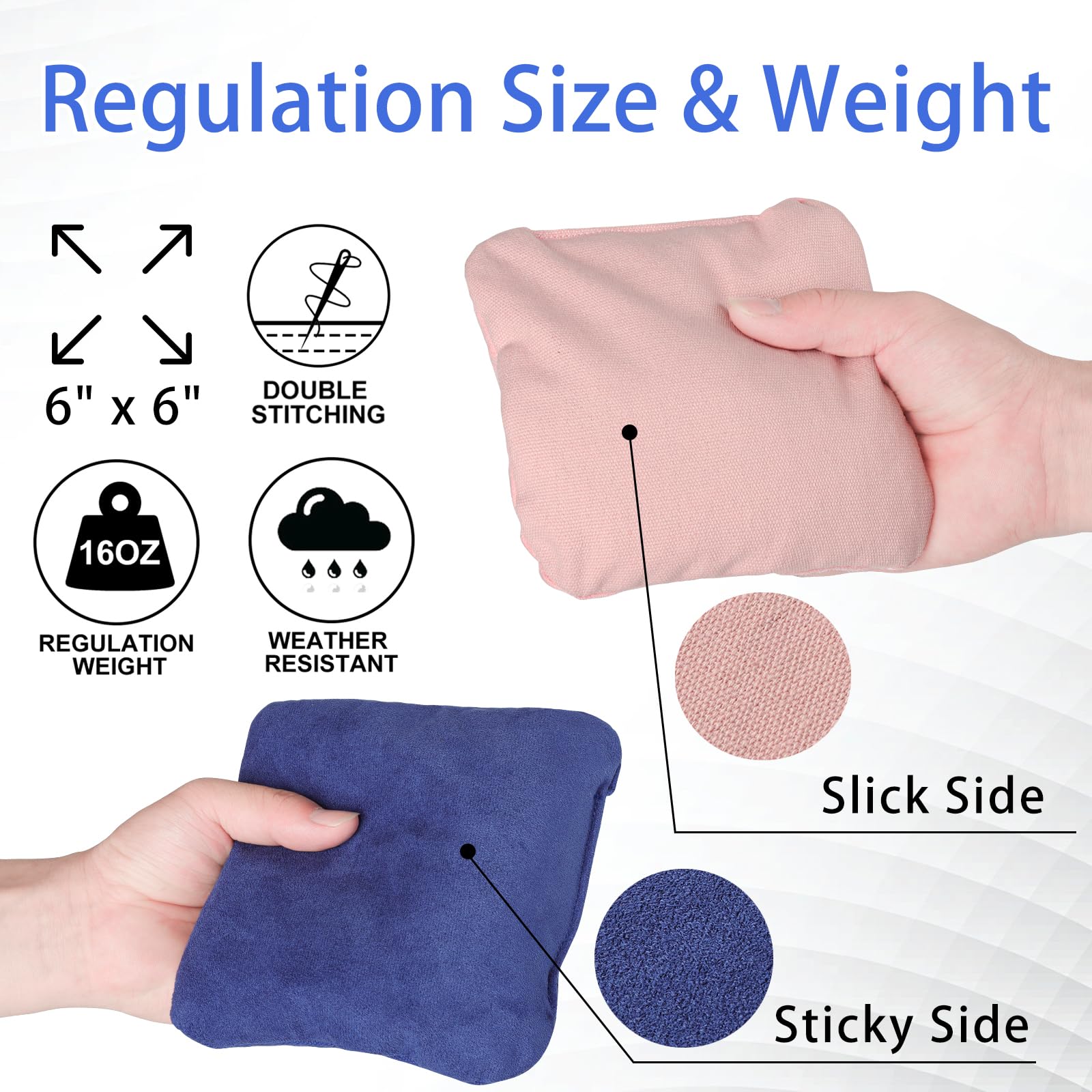 EunHo Professional Regulation Cornhole Bags Set of 8 - Dual Sided Slick & Stick Bean Bags for Outdoor Tossing Games - All Weather Resistant for Backyard, Tailgating & Beach Parties