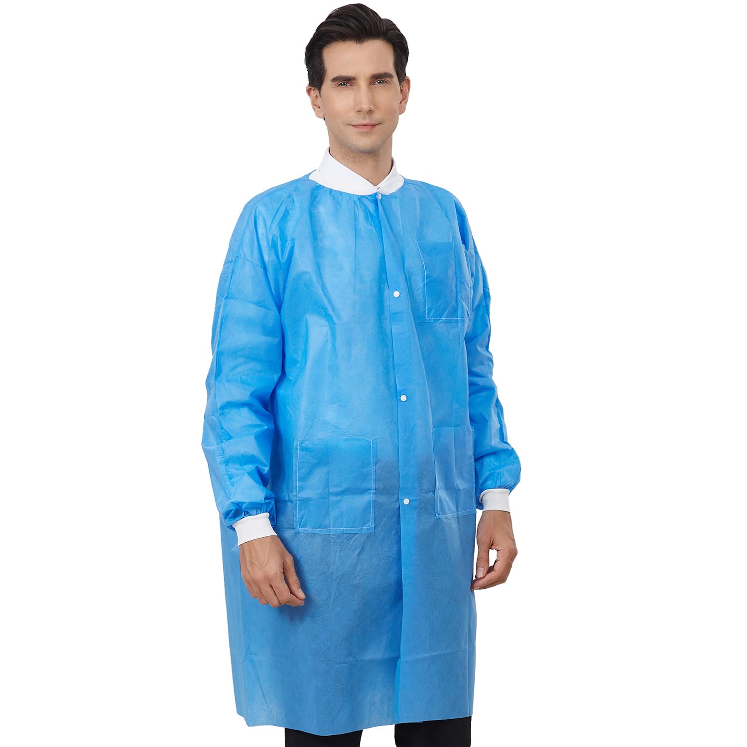 Greenour Disposable Lab Coat - Blue SMS Material with Pockets, Knitted Collar & Cuffs, Breathable & Fluid Resistant for Adults (Sizes M-2XL) - Ideal for Medical Labs, Hospitals, Research Facilities & Science Experiments