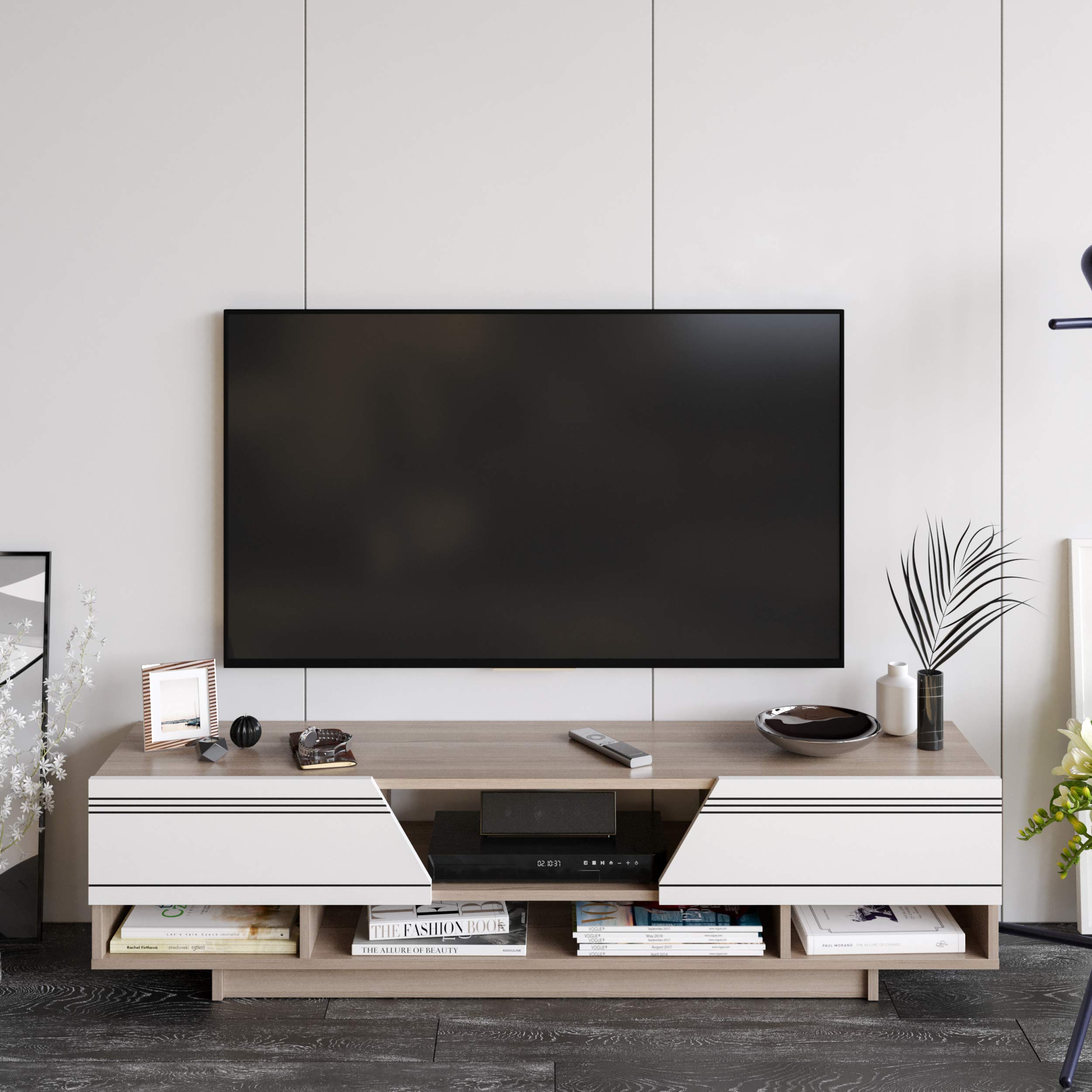 Decorotika Aspatria TV Stand for up to 65 Inch TVs - Modern Entertainment Center with Storage (White & Cordoba) - Perfect for Living Room, Bedroom & Home Theater Setup