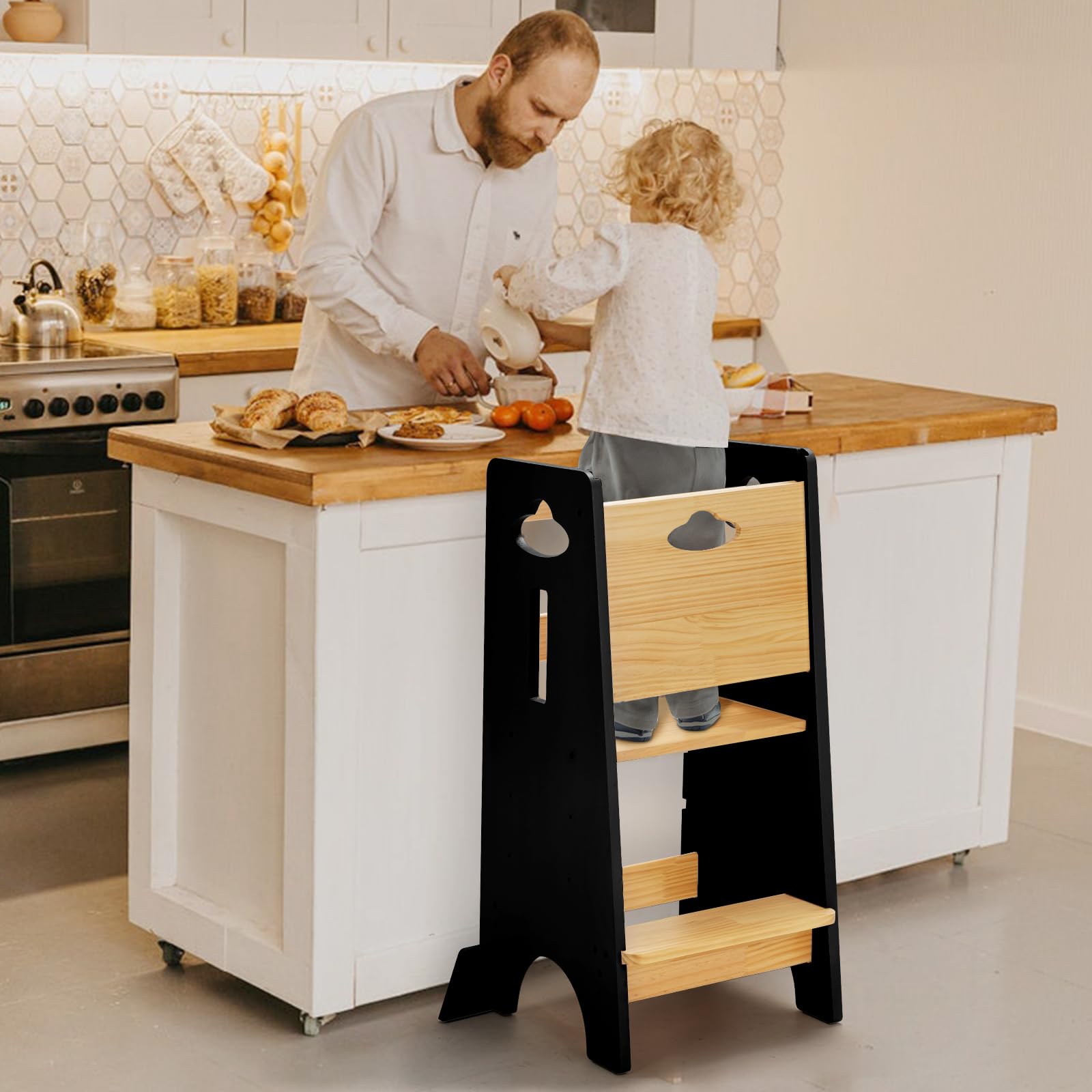COSYLAND Adjustable Toddler Learning Tower - Sturdy Wooden Kitchen Helper Stool for Kids with 3 Height Levels (Natural & Black) - Perfect for Baking, Cooking & Learning Independence in the Kitchen