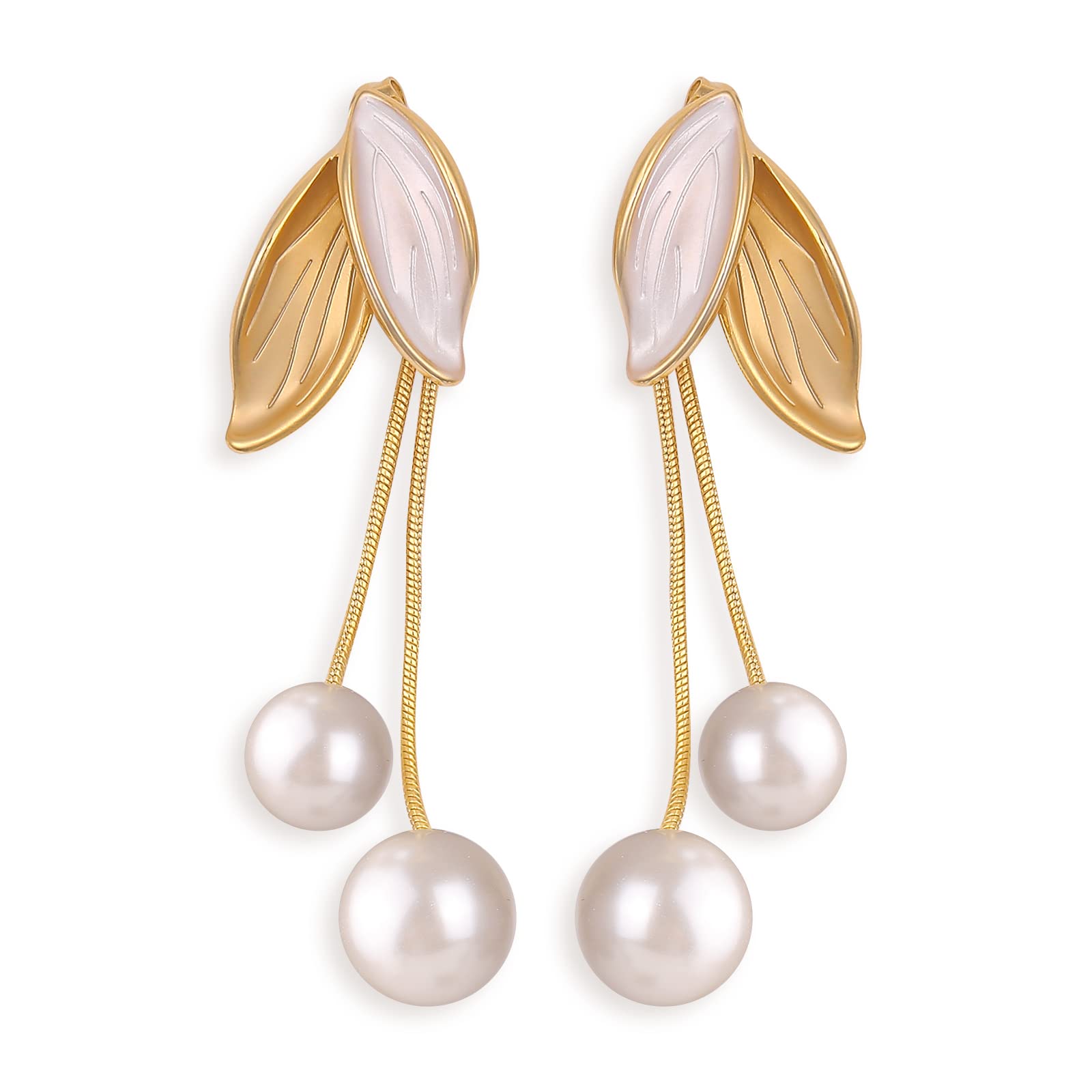 Hypoallergenic Gold Long Chain Simulated Shell Pearl Drop Dangle Earrings for Women & Girls | Elegant Pearl Jewelry for Weddings, Parties & Daily Wear