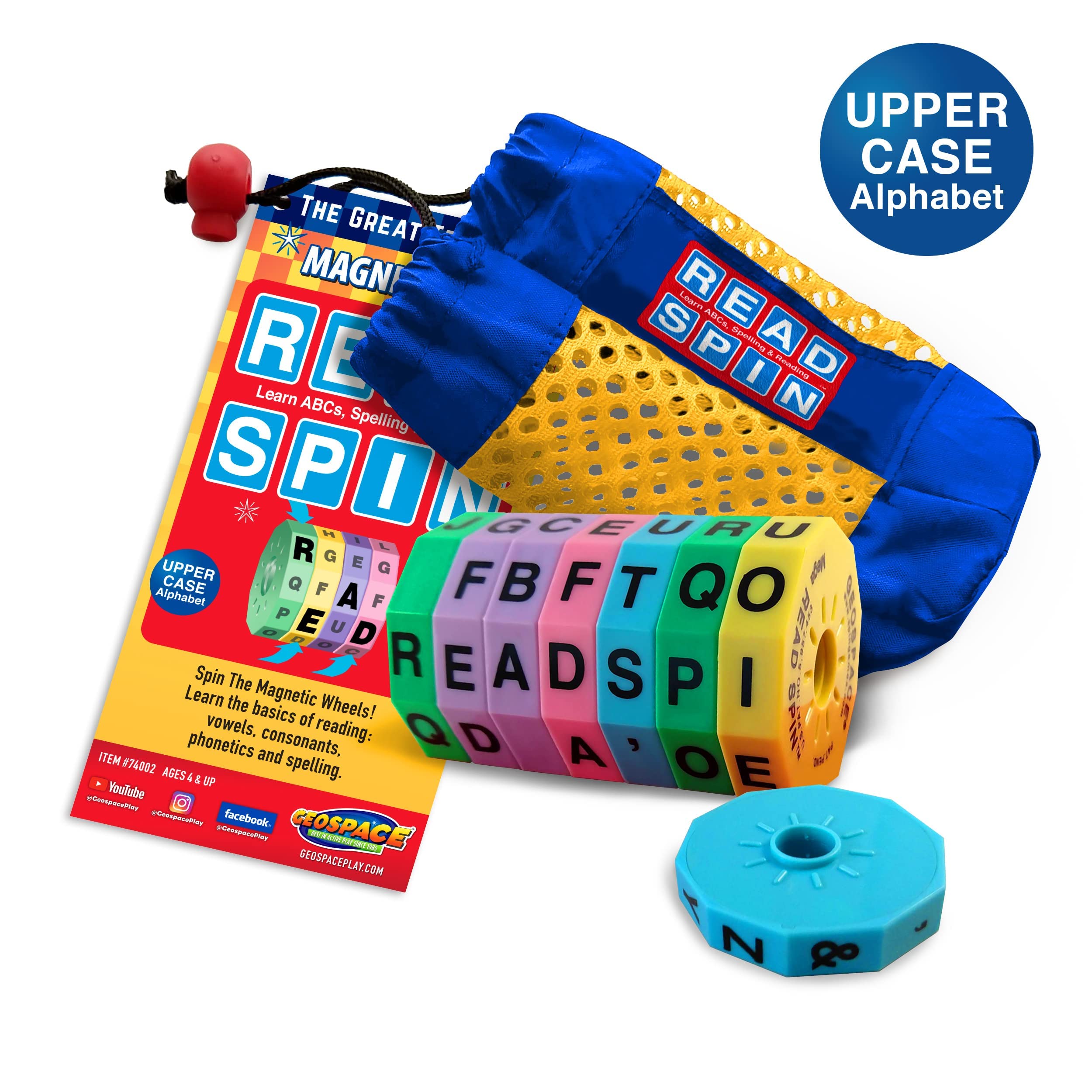 Geospace Read Spin Education Game for Kids – Magnetic Spelling Game with Storage Pouch (Upper Case Letters) – Perfect for Home & Classroom Learning